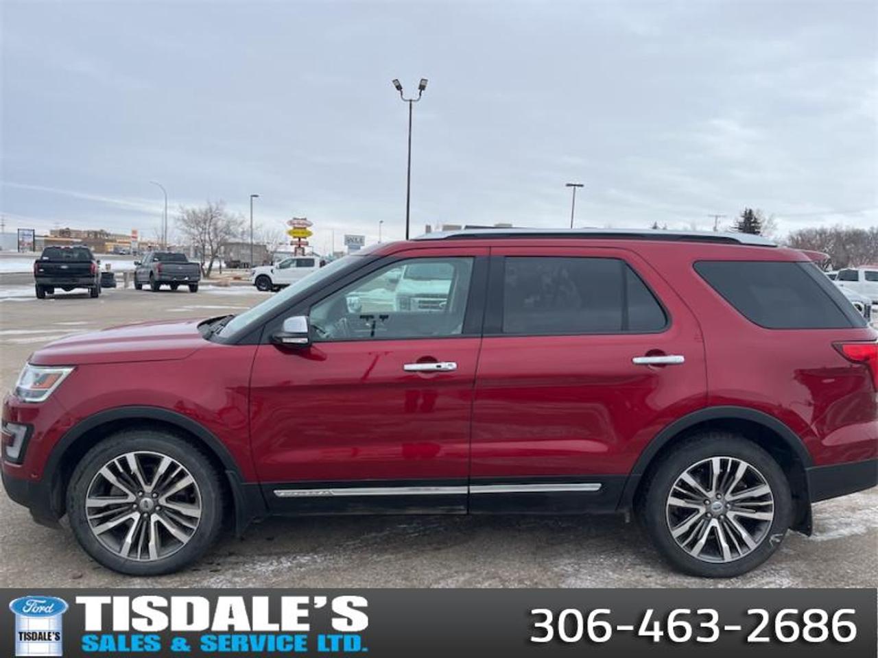 <b>Sunroof,  SYNC,  Air Conditioning,  Touch Screen,  Power Windows!</b><br> <br> Check out the large selection of pre-owned vehicles at Tisdales today!<br> <br>Best in class power plus great fuel economy make the 2017 Explorer a great choice. This 2017 Ford Explorer is fresh on our lot in Kindersley. <br> <br>The 2017 Ford Explorer is Fords answer to a mid sized suv. With standard seating for seven, the Explorer offers the perfect fit between a people mover and a stylish urban off road vehicle, equally capable of taking you to the ski hill or your office. With decent fuel efficiency and a modern cutting edge look, the Explorer needs to be on your list if your in the market for an SUV. This SUV has 115,501 km. Its Ruby Red in colour and is completely accident free based on the <a href=https://vhr.carfax.ca/?id=+2KwpHCcJKRO5rl7wXFnWAJAu6oKjqfE target=_blank>CARFAX Report</a>. It has a 6 Speed Automatic transmission and is powered by a 365HP 3.5L V6 Cylinder Engine. <br> <br> Our Explorers trim level is Platinum. Our Platinum is the top of the line trim in the Explorer family. Its distinctive look makes it easily recognised by other Explorer drivers aspiring to have this model. The Platinum has a unique look on the exterior with upgrades that include a chrome accents and unique to the Platinum - 20 inch bright machined faced wheels. Inside, the Platinum upgrade are easily identifiable with Platinum embossed Nirvana leather cooled bucket seats. It has most of the same upgrades as the sport with a few exceptions. The Platinum comes with the following standard features: a power sunroof, power tilt/telescoping steering column, SYNC 3 that includes enhanced voice recognition communications and an 8 LCD touch screen w/swiping capabilities plus it also comes with lane keeping assist. This vehicle has been upgraded with the following features: Sunroof, SYNC, Air Conditioning, Touch Screen, Power Windows.<br> To view the original window sticker for this vehicle view this <a href=http://www.windowsticker.forddirect.com/windowsticker.pdf?vin=1FM5K8HT4HGC96779 target=_blank>http://www.windowsticker.forddirect.com/windowsticker.pdf?vin=1FM5K8HT4HGC96779</a>. <br/><br> <br>To apply right now for financing use this link: <a href=http://www.tisdales.com/shopping-tools/apply-for-credit.html target=_blank>http://www.tisdales.com/shopping-tools/apply-for-credit.html</a><br><br> <br/><br>Tisdales is not your standard dealership. Sales consultants are available to discuss what vehicle would best suit the customer and their lifestyle, and if a certain vehicle isnt readily available on the lot, one will be brought in. o~o