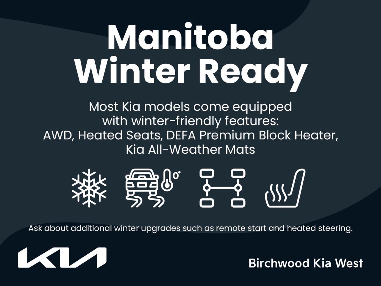 Experience is Everything at Birchwood Kia West!  It is our mission to provide the most transparent and time efficient sales process out of any Manitoba Kia Dealer!  Come visit us and see for yourself why we have a 4.4 star google rating!
Introducing the 2026 Kia Seltos - a cutting-edge SUV that combines style, performance, and advanced technology. With its sleek Snow White Pearl exterior and sophisticated Blackcolorpack interior, this brand-new Seltos is ready to impress.

Key Features:
- All-Wheel Drive (AWD) for superior handling and traction
- Fuel-efficient 1.6L 4-cylinder engine
- Smart Cruise Control with Stop & Go for effortless highway driving
- Head-Up Display for enhanced safety and convenience
- Blind-Spot Collision Avoidance Assist (BSCA) for added peace of mind
- Panoramic sunroof for an open and airy cabin experience
- Auto-dimming rearview mirror for improved nighttime visibility

Experience the future of driving with Birchwood Kia West. Our transparent and efficient sales process ensures a seamless car-buying journey. Ready to take the next step? Reserve your 2026 Kia Seltos today, start your purchase online, or contact us to schedule a test drive. Discover why were rated 4.4 stars on Google and let us exceed your expectations!
ADDITIONAL ACCESSORIES INCLUDED: 

*Kia Genuine All-Weather Floor Mats
*Premium DEFA Block Heater
*Kia Genuine Wheel Locks
*Kia Genuine Touch-Up Paint

You might qualify for additional savings on your purchase! Ask us about our:

$500 Grad Program
$750 Mobility Assistance Program
$500 Military Benefit
1% Loyalty Rate Reduction 

FIND MORE INFORMATION AND VIEW MORE OPTIONS

*Visit us! Birchwood Kia West in the Birchwood Auto Park. Portage Ave & The Perimeter!
*Visit www.birchwoodkiawest.ca
*Contact our sales department at (204) 888-4542

*Whenever possible, the vehicle photos shown are of the ACTUAL vehicle. This provides the best online shopping experience for our valued customers.
*Price includes all options, fees, and levies. No additional charges are applied.
*Additional fees may apply to select finance and lease options. 
*Dealer Permit #4302
Dealer permit #4302