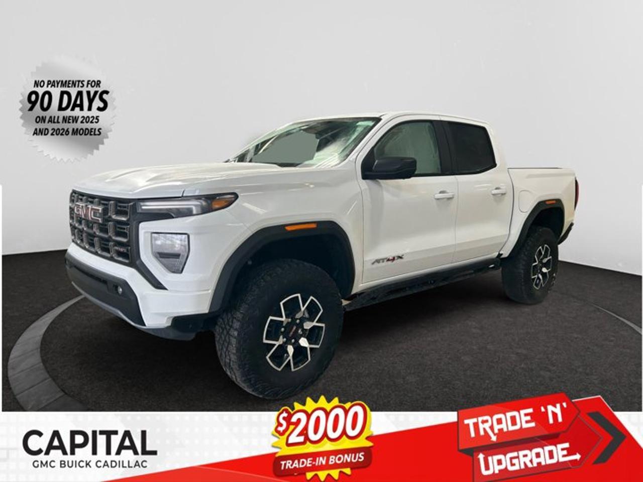 This 2026 GMC Canyon in Summit White is equipped with 4WD and Turbocharged Gas I4 2.7L/ engine.The GMC Canyon might be midsize, but its fully premium. Designed for easy access, an available easy lift and lower tailgate allows for smooth operation, while an integrated corner-step rear bumper provides efficient access to the truck bed and your cargo. Its the little things that set the Canyon apart, like its LED-signature front lighting, chrome grille surrounds and chrome mirror caps and door handles. The Canyon is takes premium comfort to a new level with features such as available soft-touch instrument panel and available heated driver and front passenger seats. The interior is also engineered to give you and your passengers an exceptional level of quiet, from noise-reducing innovations to triple door seals. This truck offers an engine lineup that delivers power and efficiency. This baby has 308 horsepower and can tow up to 3493 KG (7700 LB.). Intelligent control features, including traction control, trailer sway and hill descent control, available automatic rear locking differential, brake rotors and integrated trailer brake controller and diesel exhaust brake, to help you stay confidently in command no matter what you may be hauling or trailering. The Canyon provides intelligently placed controls and driver-centric features to keep you in touch, in charge and connected on the road, from available built-in Wi-Fi, an infotainment system with navigation and a rear-vision camera, to power outlets, rear seat reminders and access to the myGMC app. Youll also find state-of-the-art safety to help enhance your awareness of the road and surrounding vehicles, such as available forward collision alert, and more.Check out this vehicles pictures, features, options and specs, and let us know if you have any questions. Helping find the perfect vehicle FOR YOU is our only priority.P.S...Sometimes texting is easier. Text (or call) 306-801-9090 for fast answers at your fingertips!Dealer License #914248Disclaimer: All prices are plus taxes & fees. See dealer for Details. Dealer Permit # 914248 See dealer for Details.