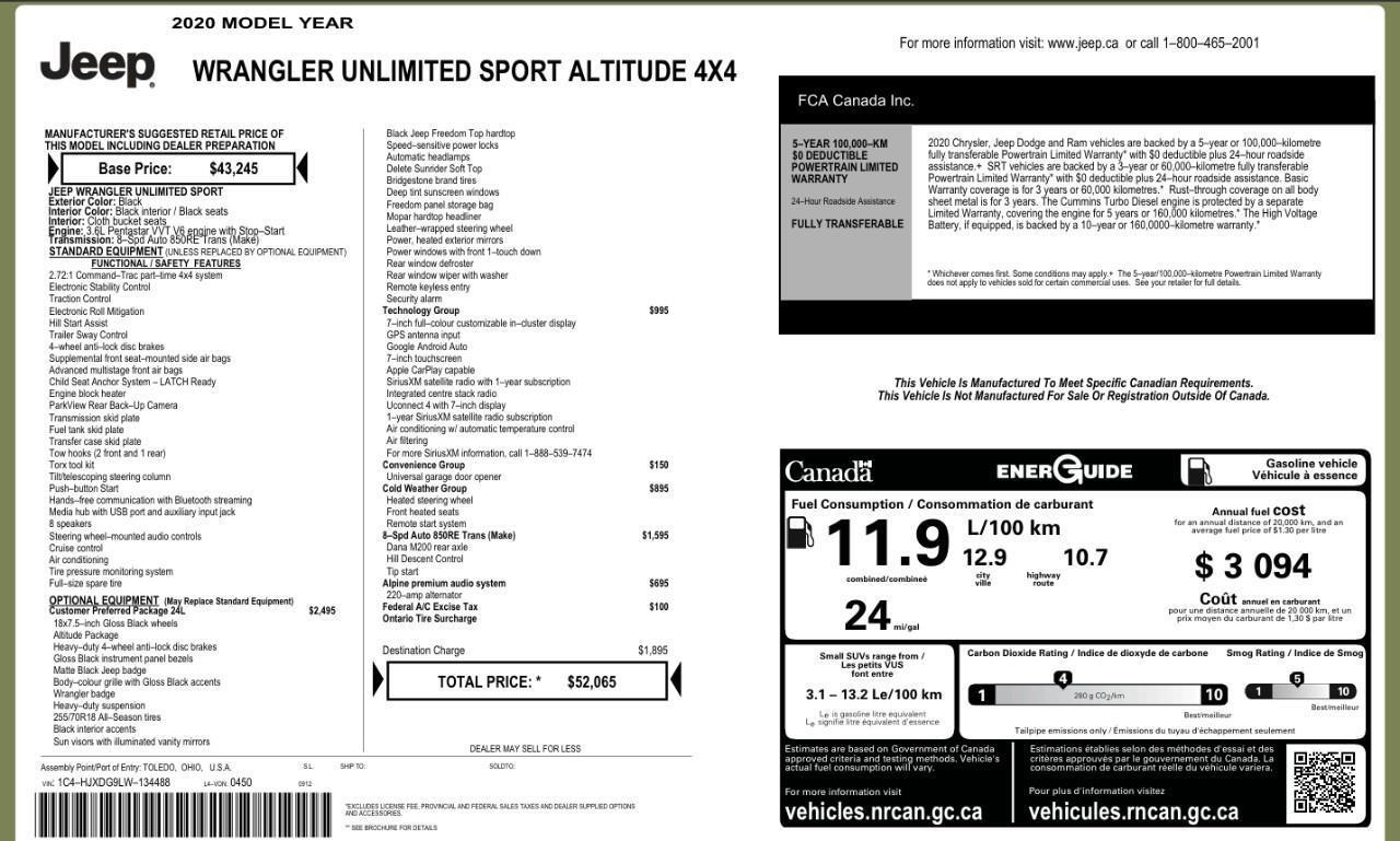 2020 Jeep WRANGLER UNLIMITED Sport Hard Top   Heated Seats/Steering Wheel Photo