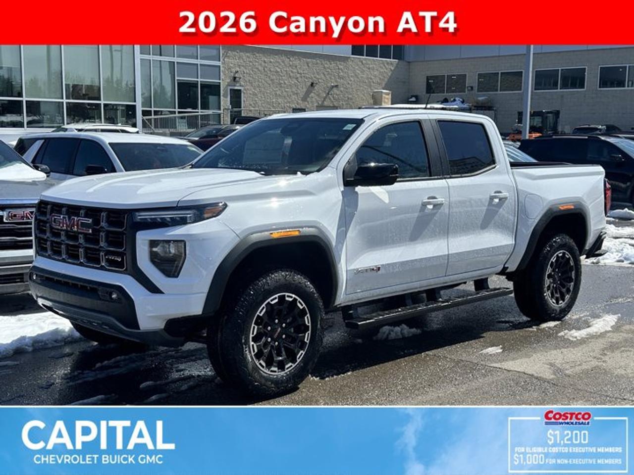 This GMC Canyon delivers a Turbocharged Gas I4 2.7L/ engine powering this Automatic transmission. TRANSMISSION, 8-SPEED AUTOMATIC, 8L80 (STD), SUMMIT WHITE, REAR AXLE, 3.42 RATIO.* This GMC Canyon Features the Following Options *LPO, CARGO TIE-DOWNS, (4) (dealer-installed), LPO, BLACK ASSIST STEP (dealer-installed), LPO, ALL-WEATHER FLOOR LINER, 1ST AND 2ND ROWS includes GMC logo, (dealer-installed), ENGINE, TURBOMAX (310 hp [231 kW] @ 5600 rpm, 430 lb-ft of torque [583 Nm] @ 3000 rpm) (STD), ENGINE BLOCK HEATER, BEDLINER, SPRAY-ON WITH GMC LOGO, AT4 PREFERRED EQUIPMENT GROUP includes standard equipment, 3 YEARS SIRIUSXM, Wireless Apple CarPlay/Wireless Android Auto, Windows, remote Express-Down, all windows.* Visit Us Today *Test drive this must-see, must-drive, must-own beauty today at Capital Chevrolet Buick GMC Inc., 13103 Lake Fraser Drive SE, Calgary, AB T2J 3H5.