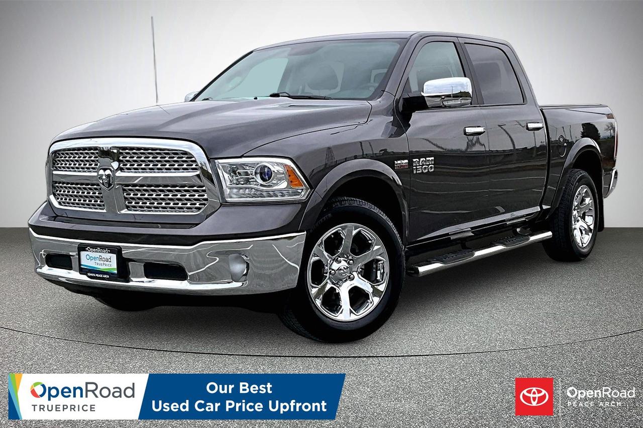 The 2016 RAM 1500 Laramie with the 5.7-litre HEMI V8 offers a blend of performance, comfort and functionality. Its V8 engine produces about 395 horsepower and 410 lb-ft of torque paired with an eight-speed automatic transmission for smooth shifts and strong towing capability up to around 4,800 kg. The interior is well-appointed with premium leather seating, heated and ventilated front seats, dual-zone climate control and a large Uconnect touchscreen. Safety features include stability control and a suite of airbags. Convenience amenities like keyless entry, remote start and adaptive cruise enhance everyday use. Its suspension and build support capable handling and ride quality.  Have confidence with your OpenRoad purchase! Every OpenRoad Certified Pre-Owned vehicle comes fully reconditioned and complete with a comprehensive 153 point mechanical inspection, a CarFax history & lien report, a 3-Day Money Back Guarantee, a 30-Day/2,000 kms Exchange Policy, a 90-Day/5,000 kms Powertrain Warranty, guaranteed clear title, and membership to our exclusive Club OpenRoad! As a proud member of the OpenRoad Auto Group, a trusted name since 2000 serving the Lower mainland (including White Rock, Surrey, Langley, Maple Ridge, Delta, Richmond, Mission and beyond) with outstanding Toyota vehicles, Toyota parts, and Toyota service since 1966! OpenRoad Toyota Peace Arch is a &ldquo;True Price&rdquo; dealer, meaning no inflated prices, and no need for back and forth haggling! We use up to the minute technology offering LIVE MARKET VALUE PRICING to ensure you are receiving the most competitive price possible on all of our Pre-Owned vehicles!  All advertised vehicle prices do not include our $699 documentation fee.