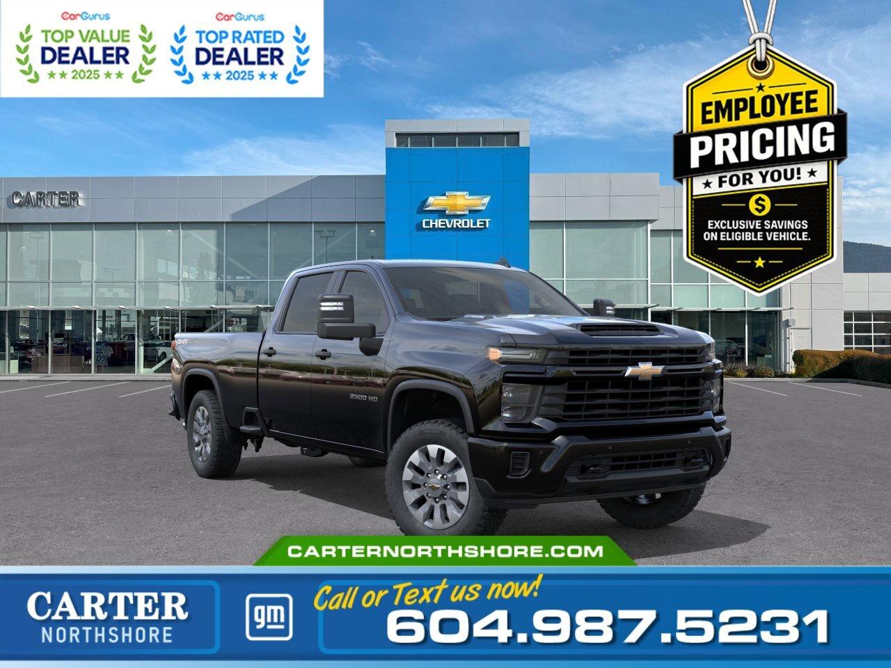 Built to handle tough jobs, this 2026 Chevrolet Silverado 2500HD Custom Crew Cab 4WD delivers strong Duramax 6.6L turbo diesel power and impressive towing capability. Equipped with the Max Trailering Package, gooseneck/5th wheel prep package, Multi-Flex tailgate, spray-on bedliner, remote start, and advanced safety features, this truck is ready for work or play. The spacious crew cab adds comfort, while the rugged design stands out on the road. Come take it for a test drive today and experience all this stylish vehicle has to offer!  WHY CARTER GM NORTHSHORE? - An unrivalled vehicle purchasing experience! - Exceeding our loyal customers expectations since 1990 - 4.7 Google star rating (with 1,700+ customer reviews) - CarGurus Top-Rated Dealer 2025 Award - CarGurus Top Value Dealer 2025 Award - Vehicle trades welcome! Best price guaranteed! - We provide upfront pricing, zero hidden fees, and 100% transparency - Fast approvals and 99% acceptance rates (no matter your current credit status!) - Multilingual staff (many languages spoken) - Comfortable non-pressured environment with in-store television, WIFI and a childrens play area!        Were here to help you drive the vehicle you want, the vehicle you deserve! QUESTIONS? GREAT! WEVE GOT ANSWERS! To speak with a friendly vehicle specialist - CALL NOW! The advertised price includes all standard dealer fees and any applicable manufacturer or dealer incentives. It does not include applicable taxes, licensing, insurance, or optional products or services. Dealer fees will be clearly broken out and itemized on the bill of sale, maximum total of fees $699.00. Prices are shown in Canadian dollars. While we make every effort to ensure accuracy, vehicle details, pricing, options, and availability are subject to change without notice. Please confirm all information with dealership sales management before purchase. Dealer Code: 81121