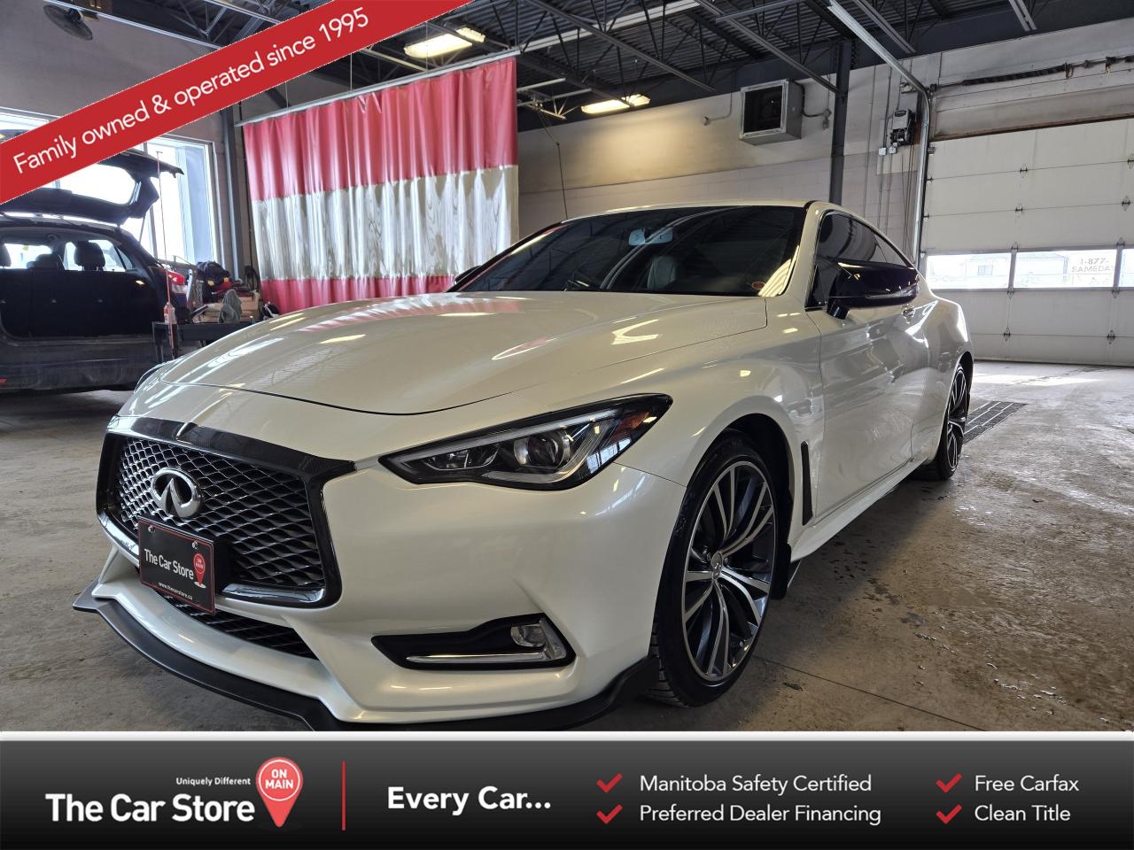 2017 Infiniti Q60 AWD 2.0T  Clean Title | Well Serviced | Winter & Summer Tires on Alloy Wheels 
 Key Features: 
 Intelligent All-Wheel Drive 
 Turbocharged 2.0L Engine 
 Leather Interior & Power Front Seats 
 Sunroof 
 Comfort: Heated Front Seats & Dual-Zone Climate Control 
 Technology: Backup Camera & Bluetooth Connectivity 
 Keyless Entry with Push-Button Start 
 Drive Mode Select 
 Clean Title 
 Strong Service History 
 
 
 Sporty Design with Everyday Usability: 
 The Q60 blends sharp coupe styling with practical AWD capability. The turbocharged engine delivers smooth, efficient power while still keeping the driving experience refined and comfortable for daily use. 
 
 
 Well Maintained and Ready to Go: 
 This example comes with a clean title and solid service history, showing consistent care from the previous owner. While the two sets of tires on rims give you traction regardless of the season. 
 
 
 A Clean, Stylish AWD Coupe Option: 
 For buyers wanting something sportier than the typical sedan without giving up comfort or year-round usability, the Q60 2.0T AWD is a balanced and head turning option. 
 
 
 We are a local Family Owned business and we try to do things a little different. 
 
 At The Car Store on Main every vehicle is Manitoba Safety Certified. 
 Every vehicle sold is eligible for the Advantage Plan: 
 30 Day Warranty on all MB Safety certificate related items. 
 CarFax Vehicle History Report 
 2 sets of Keys 
 Wholesale access to all other Miscellaneous Accessories (i.e. Wtr Tires, Remote Starr, all misc vehicle accessories/parts, etc...) 
 And of course a Full tank of Gas. 
 
 There is no Gimmicks or games, we are always aggressive on our prices and try to separate ourselves from the rest. 
 We also have an on-site Certified Banker who shops to get the best possible interest rates in with all Major Banks and Credit Unions! 
 
 Come to our Brand New modern showroom and see what makes us Uniquely Different! 
 
 Located on Main St. just North of Chief Peguis Trail. 
 
 To schedule an appointment call us directly at 204-669-1248 or email sales@thecarstore.ca 
 
 The Car Store on Main 
 -Uniquely Different- 
 
 www.thecarstore.ca 
 Local: 204-669-1248 
 Toll Free: 877-634-2975 
 
 A local family owned business unlike typical car lots, there are no pressure tactics, no games, no gimmicks, no Sales Manager, General Manager or Used Car Manager, just straight answers and fair deals all the time! 
 
 *PRICE DOES NOT INCLUDE TAXES (G.S.T & P.S.T) 
 Dealer Permit # 4481