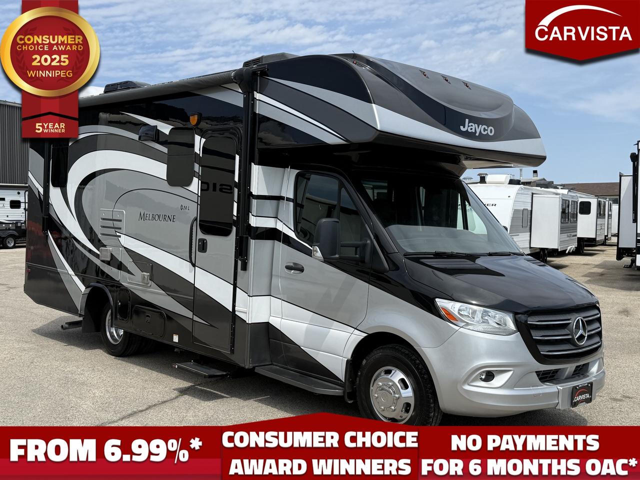 2020 Jayco Melbourne 24L (Mercedes Sprinter Diesel)  

Mileage

Only 35,000 KM (approx. 21,750 miles)

Chassis: Mercedes-Benz Sprinter 3500

Engine: 3.0L V6 turbo diesel

Horsepower / torque: 188 HP / 325 ft-lb

Fuel capacity: 26.4 gal

Weights / ratings

GVWR: 11,030 lbs

Towing: rear hitch commonly listed at up to 5,000 lbs (verify on hitch label)

Dimensions

Exterior length: 25 2"

Exterior width: 96" (8)

Exterior height (with A/C): 11 5"

Interior height: 83"

Wheelbase: 170"

Capacities

Fresh water: 43 gal

Grey water: 31 gal

Black water: 31 gal

Propane: 12.2 gal (51.7 lbs)

Comfort systems

A/C: 13,500 BTU

Furnace: 30,000 BTU

Water heater: 6 gal GAS/ELECTRIC

Slides: 1

Sleeps: up to 6



Options / features & highlights 

Swivel driver & passenger seats

Infotainment system with GPS 

Backup + side-view cameras

Large U-shaped dinette

Residential-size convection microwave

Soft-touch vinyl ceiling

Hardwood cabinet doors & drawers 

8 cu. ft. gas/electric refrigerator

One-piece seamless fiberglass front cap

Stronghold/VBL vacuum-bonded laminated roof/floor/sidewalls

Frameless windows

Integrated electric entry step + third brake light

750 lb overhead bunk capacity 



The 2020 Jayco Melbourne 24L is a premium, easy-to-drive Mercedes Sprinter diesel Class C that packs big-motorhome comfort into a highly maneuverable 252" footprint. With only 35,000 KM, its a fantastic option for buyers who want a modern touring coach with strong tank capacities, a spacious slide-out layout, and the driving confidence that comes with the Sprinter platformperfect for couples, small families, and anyone who wants a go anywhere motorhome without the bulk.

Come see why Carvista has been the Consumer Choice Award Winner for 5 consecutive years! 2021, 2022, 2023, 2024 and 2025! Dont play the waiting game, our units are in-stock, no pre-order necessary!! See for yourself why Carvista has won this prestigious award and continues to serve its community. Carvista Approved! Our RVista package includes a complete inspection of your camper that includes general testing of the camper systems! We pride ourselves in providing the highest quality trailers possible, and include a rigorous detail to ensure you get the cleanest trailer around.

Prices and payments exclude GST OR PST 

Carvista Inc. Dealer Permit # 1211

Category: Used Camper

Units may not be exactly as shown, please verify all details with a sales person.