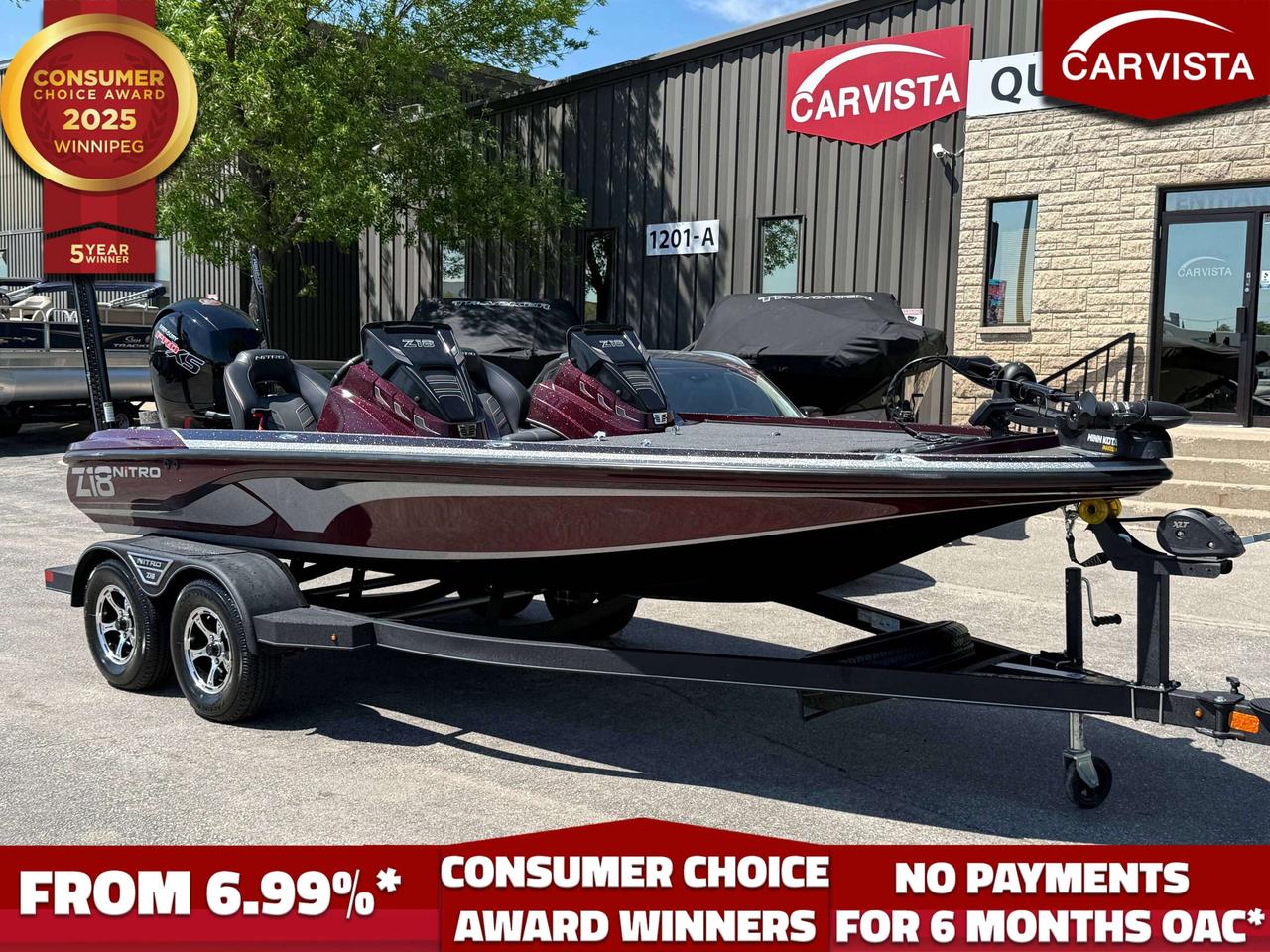 ONLY 14 HOURS! MERCURY 150 PROXS - DUAL CONSOLES, DUAL POWER POLES, TANDEM AXLE TRAILER!!!
2023 NITRO Z18  Specifications 

Hull / dimensions

Length: 18 8

Beam: 7 10

Deadrise: 16&deg;

Draft: 15

Transom height: 22.5

Bow deck: 34 sq. ft. casting deck

Weights / capacities

Average dry weight (boat): 1,700 lbs

Average package weight (boat + trailer): 3,200 lbs

Fuel capacity: 40 gal

Capacity: 4 persons / 550 lbs (persons); 1,350 lbs (persons, motor & gear)

Livewell system (factory)

30-gal GUARDIAN livewell (divided) with timer, aerator/fill and recirc/pump-out systems

Trailer (factory matched)

Custom-fit single-axle NITRO&reg; trailer with GALVASHIELD&reg; Impact corrosion/chip protection, swing-away tongue, spare tire, submersible LED lights, retractable transom tie-downs, and more



Options / key equipment on this boat 

Performance & control

150HP Mercury Pro XS outboard (strong mid-range torque and performance-tuned design in the 115150 Pro XS family)

Minn Kota Maxxum 24V foot-control trolling motor (Z18 factory spec is 24V / 70-lb thrust / 42 shaft)

Dual Power-Pole Blade shallow-water anchors (silent boat control/positioning in shallow water; Blade is designed to stop/hold in up to ~10 ft)

Electronics & fishing package (as equipped)

Dual console setup

Third seat

Dash-mounted Lowrance HOOK Reveal 7

Bow-mounted Lowrance HOOK 5

Factory build advantages (Z18 platform highlights)

NITRO Vortex Technology (NVT) hull with Rapid Planing System transom for quick holeshot, smooth ride, and precise handling

Big-caster layout + smart storage and tournament-ready livewell design


This 2023 NITRO Z18 is a dialed-in bass package built to fish hard and travel easypowered by a 150HP Mercury Pro XS, upgraded with dual-console/third seat comfort, and outfitted with a practical electronics spread (HOOK Reveal 7 at the dash + HOOK 5 up front) plus a Minn Kota Maxxum 24V for boat control. The headline upgrade is the dual Power-Pole Blade anchors, giving you instant, quiet positioning for shallow-water fishing and windy shorelines, all paired with a factory-matched NITRO trailer for confident towing and clean storage.

Come see why Carvista has been the Consumer Choice Award Winner for 5 consecutive years! 2021, 2022, 2023, 2024 and 2025! Dont play the waiting game, our units are instock, no pre-order necessary!! See for yourself why Carvista has won this prestigious award and continues to serve its community. Carvista Approved! Carvista Approved! Our BoatVista package includes a complete inspection of your boat that includes an engine run up and test of the general systems of the unit! We pride ourselves in providing the highest quality marine products possible, and include a rigorous detail to ensure you get the cleanest unit around. 

Prices and payments exclude GST OR PST 

Carvista Inc. 

Dealer Permit # 1211 

Category: Used Boat

Units may not be exactly as shown, please verify all details with a sales person.