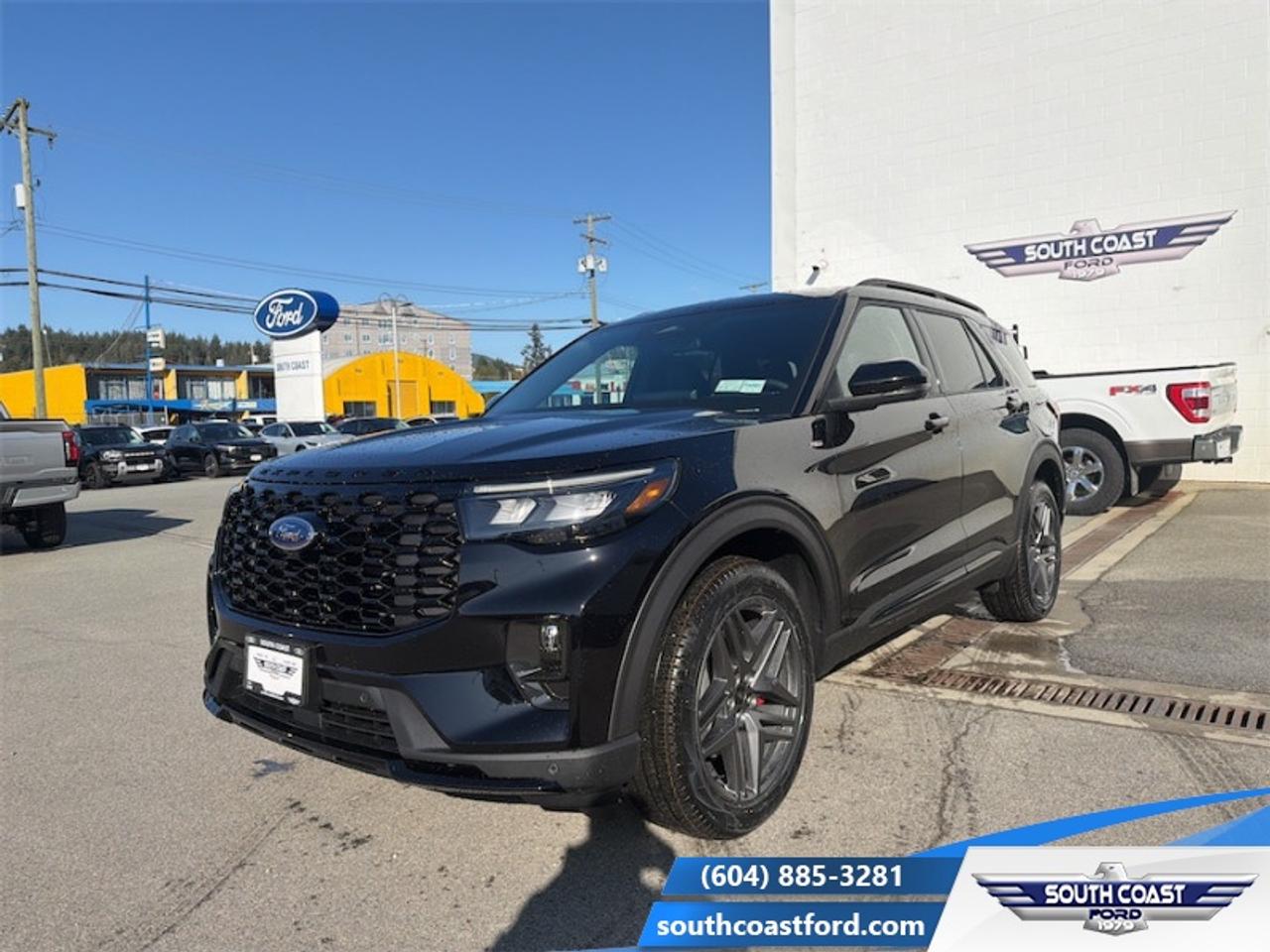 <b>BlueCruise,  Navigation,  B&O Audio,  360 Camera,  Remote Start!</b><br> <br> Just as the name implies, this 2026 Explorer is ready to move you beyond your boundaries.<br> <br>This Ford Explorer is the ultimate lifestyle vehicle with plenty of style and space for all of your passengers and cargo. It has the hauling capabilities of a midsize SUV combined with strong off-road capabilities. Whether your next family adventure is to the grocery store or over a high mountain pass, the Ford Explorer was built to get you there with ease.<br> <br>This Agate Black SUV has a 10 Speed Automatic transmission and is powered by a 300HP 2.3L 4 Cylinder Engine. <br> <br> Our Explorers trim level is ST-Line. This Explorer ST-Line steps things up with BlueCruise 1.2, inbuilt navigation, Bang & Olufsen audio, an aerial view camera system and a heated steering wheel. Also standard include 20 aluminum wheels, FordPass Connect 5G mobile hotspot internet access, adaptive cruise control, smart device remote engine start, and a power liftgate for rear cargo access. On the inside, occupants are treated to heated front seats, voice-activated dual-zone climate control, and a 13.2-inch infotainment screen with wireless Apple CarPlay and Android Auto. Safety features also include lane keep assist with lane departure warning, collision mitigation, automatic emergency braking, evasion assist, and rear parking sensors. This vehicle has been upgraded with the following features: BlueCruise, Navigation, B&O Audio, 360 Camera, Remote Start, Heated Steering Wheel, Heated Seats.<br><br> View the original window sticker for this vehicle with this url <b><a href=http://www.windowsticker.forddirect.com/windowsticker.pdf?vin=1FMUK8KH0TGA84616 target=_blank>http://www.windowsticker.forddirect.com/windowsticker.pdf?vin=1FMUK8KH0TGA84616</a></b>.<br> <br>To apply right now for financing use this link: <a href=https://www.southcoastford.com/financing/ target=_blank>https://www.southcoastford.com/financing/</a><br> <br/>Total rebate of $1000 is reflected in the price. 5.49% financing for 84 months. <br> Buy this vehicle now for the lowest bi-weekly payment of <b>$472.56</b> with $0 down for 84 months @ 5.49% APR O.A.C. ( taxes included, $695 Administration Fee included / Total Obligation of $76699 ). Incentives expire 2026-08-31. See dealer for details. <br><br>Call South Coast Ford Sales or come visit us in person. Were convenient to Sechelt, BC and located at 5606 Wharf Avenue. and look forward to helping you with your automotive needs. <br><br> Come by and check out our fleet of 20+ used cars and trucks and 90+ new cars and trucks for sale in Sechelt.  o~o