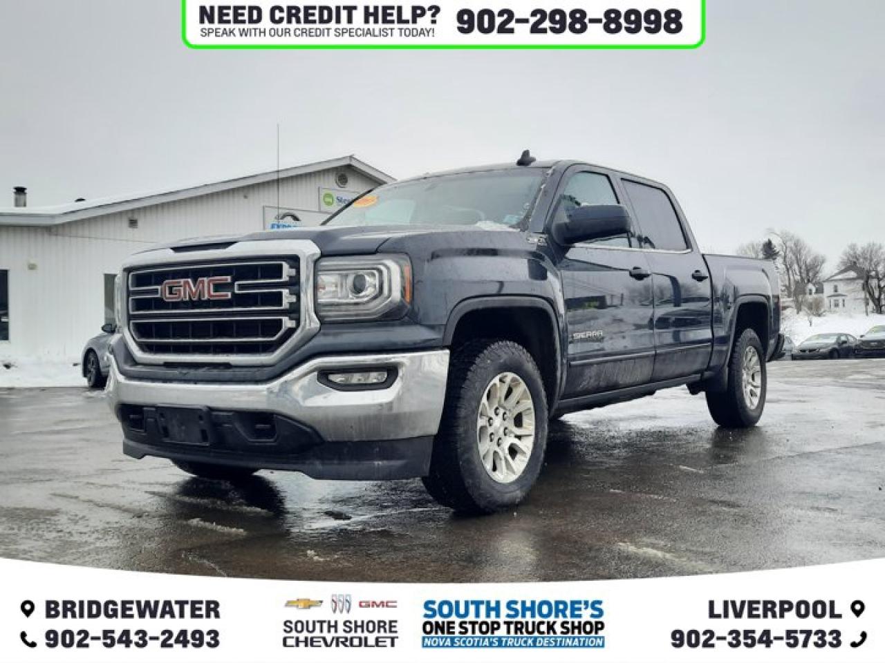 Recent Arrival! Dark Slate Metallic 2017 GMC Sierra 1500 SLE For Sale, Bridgewater 4WD 6-Speed Automatic Electronic with Overdrive EcoTec3 5.3L V8 Clean Car Fax, 6-Speed Automatic Electronic with Overdrive, 4WD, Black Cloth, 10-Way Power Drivers Seat Adjuster, 110-Volt AC Power Outlet, 6-Speaker Audio System, 720 CCA/80 Amp-hr Maintenance Free HD Battery, ABS brakes, Alloy wheels, Body Colour Door Handles, Body-Colour Mirror Caps, Brake assist, Bumpers: chrome, CD player, Colour-Keyed Carpeting, Compass, Deep-Tinted Glass, Driver door bin, Driver vanity mirror, Dual front side impact airbags, Dual-Zone Automatic Climate Control, Electric Rear-Window Defogger, Front anti-roll bar, Fully automatic headlights, HD Radio, Heated door mirrors, Heavy-Duty Rear Locking Differential, High-Intensity Discharge Headlights, Hill Descent Control, Kodiak, LED Cargo Box Lighting, Low tire pressure warning, Manual Tilt/Telescoping Steering Column, Off-Road Suspension Package, OnStar w/4G LTE, Outside temperature display, Passenger door bin, Passenger vanity mirror, Power Windows w/Driver Express Up & Down, Rear step bumper, Rear Wheelhouse Liners, Remote Keyless Entry, Remote Locking Tailgate, Remote Vehicle Starter System, Rubberized-Vinyl Front Floor Mats, Rubberized-Vinyl Rear Floor Mats, Single Slot CD/MP3 Player, SiriusXM Satellite Radio, Speed-sensing steering, Split folding rear seat, Tachometer, Theft Deterrent System (Unauthorized Entry), Thin Profile LED Fog Lamps, Tilt steering wheel, Traction control, Trailering Equipment, Universal Home Remote, Voltmeter, Wheels: 18 x 8.5 Bright Machined Aluminum.