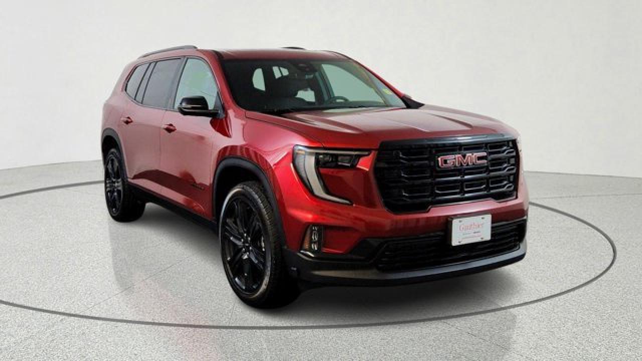 The 2026 Acadia Elevation impresses as a well-rounded, feature-rich 3-row SUV that seats up to eight and packs a spicy 2.5L turbocharged engine with 328 hp and 326 lb-ft of torque, paired to an 8-speed automatic transmission and offering a generous 5,000-lb towing capability. Inside, it delivers advanced tech including a 15-inch infotainment touchscreen with Google built-in, an 11-inch digital driver information center, Bose 12-speaker audio, heads-up display and a sunroof. Its eauipped with over 19 standard safety and driver-assist features. Its standout practicality continues outside with an AutoSense hands-free power liftgate, 18-inch Grazen-metallic aluminum wheels and an ensemble of exterior black roof rails and trim elements.