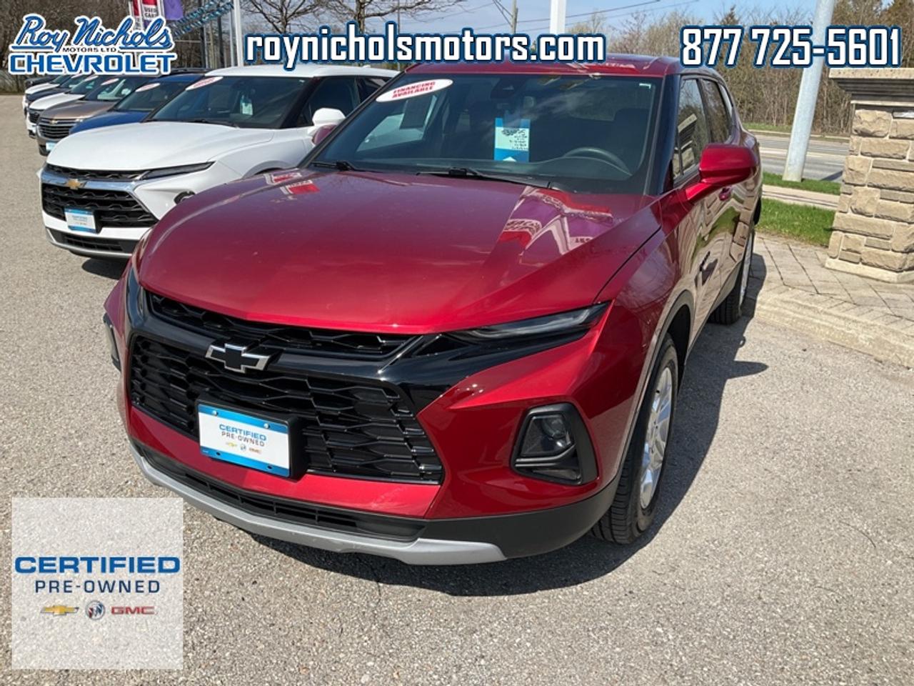 <b>Trade-in, One Owner, Local, Certified, Low Mileage, Heated Seats,  Remote Start,  Lane Keep Assist,  Rear View Camera,  Forward Collision Alert!</b><br> <br> This 2021 Chevrolet Blazer leaves the past behind with sharp styling, premium crossover comfort and extreme refinement levels. This 2021 Chevrolet Blazer is fresh on our lot in Courtice. <br> <br>Sculpted and stylish with a roomy, driver-centric interior, this Chevrolet Blazer has the soul of a sports car. Seriously stylish and aggressively designed, it is a potent and highly capable crossover SUV that is big on practicality, passenger comfort and premium driving experiences. With a driver-focused interior, this Chevy Blazer invites you to take the wheel. Controls, switches and features are easily within reach and right where you expect them to be! This low mileage SUV has just 46,263 km and is a Certified Pre-Owned vehicle. Its Cherry Red Tintcoat in colour. It has an Automatic transmission and is powered by a smooth engine. And its got a certified used vehicle warranty for added peace of mind. This vehicle has been upgraded with the following features: Heated Seats, Remote Start, Lane Keep Assist, Rear View Camera, Forward Collision Alert, Power Seat, OnStar.<br> <br/>This vehicle has met our highest standard and has been put through the GM certification process by our GM trained technicians. Our GM Certified used vehicles go thru an extensive 150 + point inspection and are reconditioned back to near new condition.  Each vehicle comes with a minimum of a 3 month, 5000 KM warranty or the balance of the factory warranty (whichever is longer) with 24 hour roadside assistance. They also come with satisfaction guaranteed; a 30 day or 2500 km exchange privilege if you are not completely satisfied. And thats standard. If your budget permits, you can extend or upgrade to an even more comprehensive Certified Pre-Owned Vehicle Protection Plan . Youll also appreciate the convenience of being able to transfer any existing warranties to a new owner, should you ever decide to sell your Certified Pre-Owned Vehicle.If you are a student or recently graduated, you may also qualify for an additional $500 discount when a used GM vehicle is purchased.  For more information, please call any of our knowledgeable used vehicle staff at 877-725-5601.<br> <br/><br>Roy Nichols Motors is located in Courtice which is just east of Oshawa and west of Bowmanville. We offer an excellent selection of pre owned vehicles to choose from. To book a test drive or inquire about financing and leasing options, call one of our knowledgeable and professional staff today at (877) 725-5601. <br> Come by and check out our fleet of 30+ used cars and trucks and 180+ new cars and trucks for sale in Courtice.  o~o