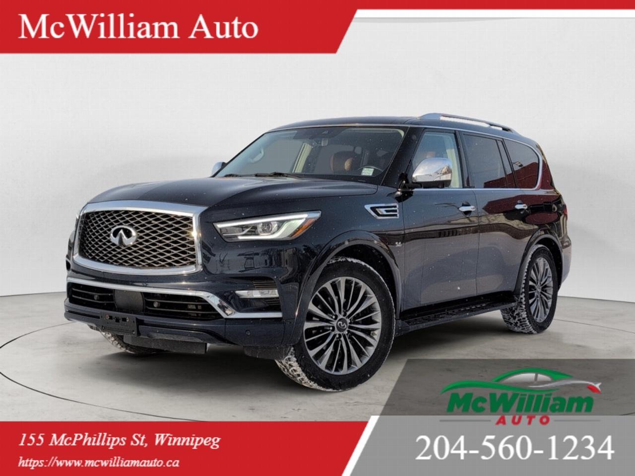 <br> 2020 Infiniti QX80 LUXE Vehicle DescriptionThis 2020 Infiniti QX80 LUXE delivers full-size luxury, commanding V8 performance and premium craftsmanship in a refined three-row SUV. Built on a rugged body-on-frame platform, the QX80 blends upscale comfort with impressive towing and all-weather capability.Power comes from a 5.6-liter DOHC V8 engine producing approximately 400 horsepower and 413 lb-ft of torque, paired with a 7-speed automatic transmission with manual shift mode. Available 4WD with selectable Terrain Mode (Snow, Sand, Rock) enhances traction and stability across varying road conditions. The independent double-wishbone front and rear suspension helps deliver a composed, controlled ride, while four-wheel ventilated disc brakes provide confident stopping performance. Properly equipped, the QX80 offers strong towing capability suitable for boats, trailers or recreational gear.Inside, the LUXE trim surrounds occupants with premium materials and advanced technology. Heated and ventilated front seats, heated second-row seats and a heated leather-wrapped steering wheel ensure year-round comfort. Rich charcoal gloss wood-grain interior trim complements the upscale cabin design. Tri-zone automatic climate control keeps all three rows comfortable, and the power liftgate adds everyday convenience.Technology is highlighted by a dual-screen infotainment system with wired Apple CarPlay and Android Auto, navigation capability and a premium 17-speaker Bose Performance Series audio system delivering exceptional sound clarity throughout the cabin. Rear-seat passengers benefit from an integrated DVD entertainment system with headrest-mounted screens, making long trips more enjoyable.Advanced safety and driver assistance features include Adaptive Cruise Control, Blind Spot Monitoring, a 360-degree Around View Monitor camera system, front and rear parking sensors and a rearview camera. These systems work together to enhance awareness and driver confidence in both highway and urban settings.Additional equipment includes remote engine start, Intelligent Key with push-button ignition, power folding and heated side mirrors, power-adjustable front seats with memory settings, roof rails and a full carpet floor mat set.With its powerful V8 engine, premium Bose audio, advanced safety technologies and spacious luxury interior, the 2020 Infiniti QX80 LUXE stands out as a refined yet capable full-size SUV designed to handle family life, road trips and towing duties in comfort and style.<br><br> IMPORTANT DISCLAIMER : This vehicle is a used vehicle, all the features and information may not be accurate from the descriptions above, please check the