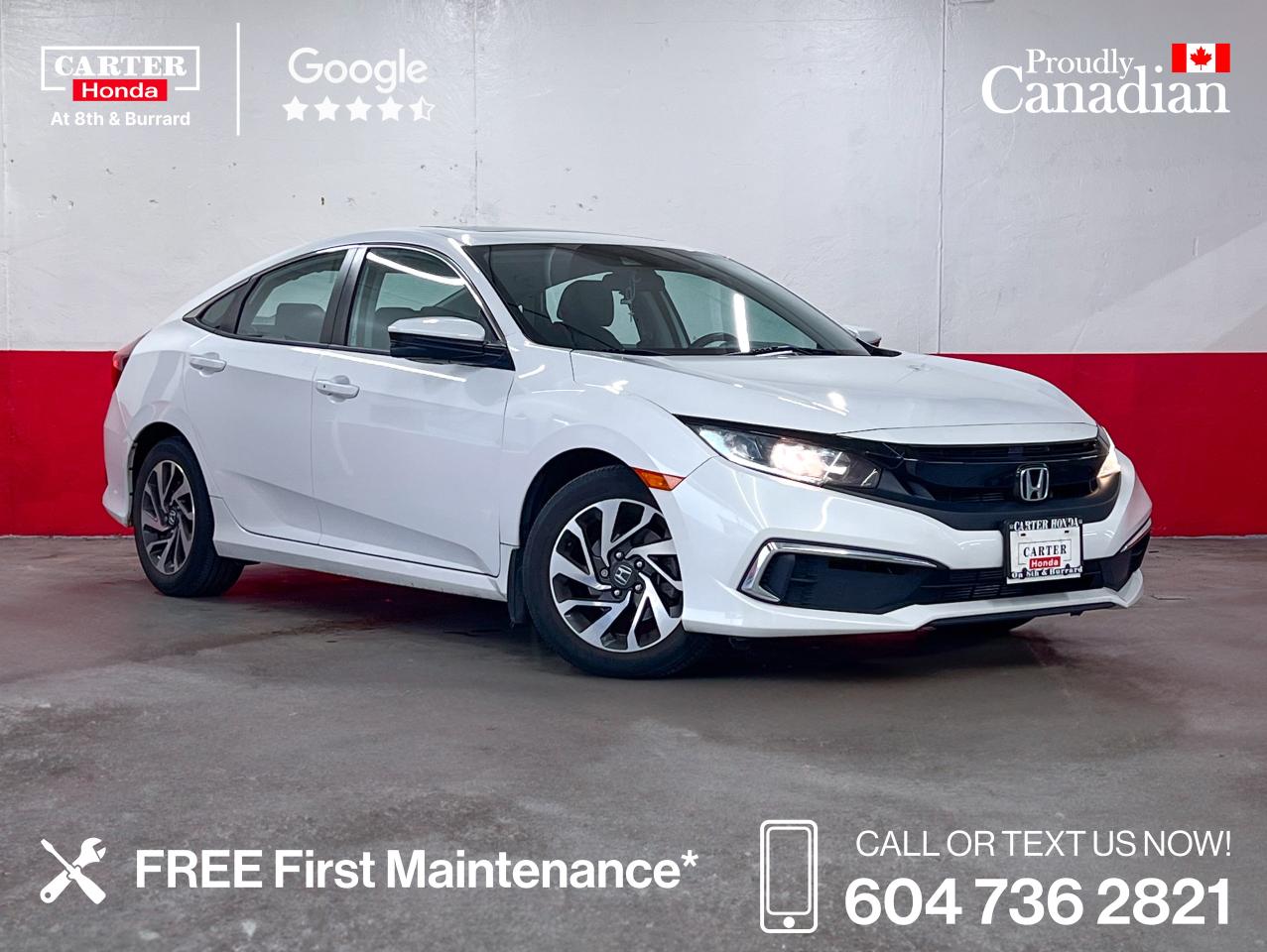 LOCALLY DRIVEN

Step into sporty sophistication with this dynamic Pre-Owned 2020 Honda Civic EX, designed to deliver comfort, technology, and head-turning style. Its aluminum wheels with black accents, sleek sunroof with sunshade, and power liftgate add bold flair and everyday practicality.

Inside, enjoy heated power seats, automatic dual climate control, wireless phone charging, and a responsive touchscreen with Android Auto, Apple CarPlay, and SiriusXM Radio trial. Equipped with Cruise Control, Lane Keep Assist, Collision Avoidance Braking, parking sensors, navigation, and a rear view camera, this Civic EX offers confidence and connectivity in every experience.

Why Purchase Your Vehicle from Carter Honda?

- A truly customer-first vehicle buying experience
- Proudly exceeding customer expectations for over 50 years
- Honda Certified Used Vehicles: 7-Day or 1,000 km Exchange
- Used Vehicles (Non-Honda, Non-Certified): 5-Day or 500 km Exchange
- 4.6-star Google rating based on 3,100+ customer reviews
- Large selection of quality vehicles across popular makes and models
- CARFAX vehicle history reports available on most vehicles
- Rigorous 182-point vehicle inspection for added peace of mind
- Fast approvals with financing options for most credit situations
- We welcome trade-ins and offer competitive market value
- Multilingual staff available to assist in multiple languages

Were here to help you drive the vehicle you want, the vehicle you deserve!

QUESTIONS? GREAT! WEVE GOT ANSWERS!
CALL OR TEXT US NOW! (604) 736-2821
(Doc. Fee: $795.00 | Dealer Code: 1100)