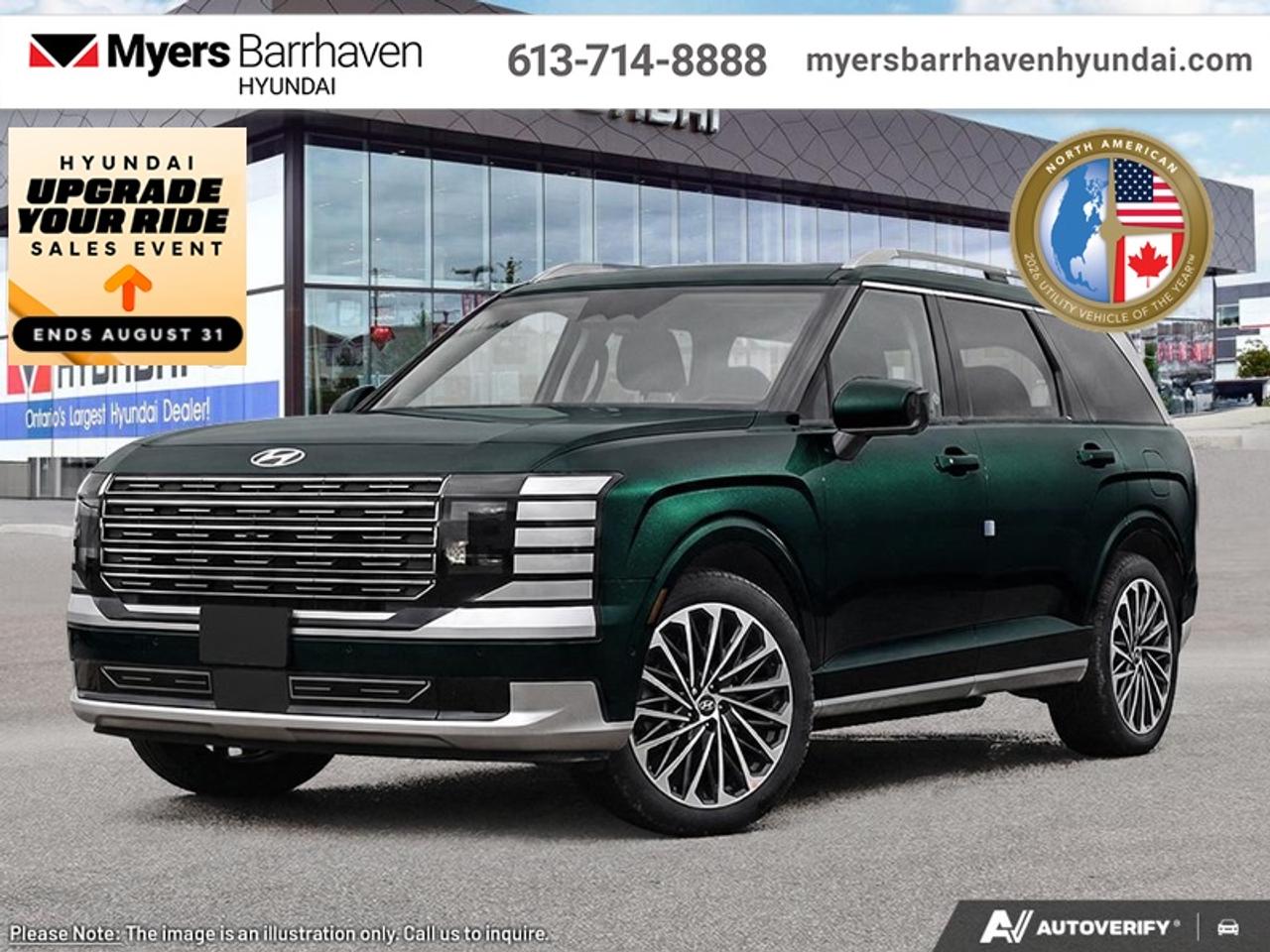 <b>Premium Audio,  360 Camera,  HUD,  Sunroof,  Navigation!</b><br> <br> With its impressive features list, awesome SUV capability, and luxury interior, this Palisade proves that good things take time.<br> <br>Big enough for your busy and active family, this Hyundai Palisade returns for 2026 , and is good as ever. With a features list that would fit in with the luxury SUV segment attached to a family friendly interior, this Palisade was made to take the SUV segment by storm. For the next classic SUV people are sure to talk about for years, look no further than this Hyundai Palisade.<br> <br>This Robust Emerald SUV has an Automatic transmission and is powered by a 287HP 3.5L V6 Cylinder Engine. <br> <br> Our Palisades trim level is Ultimate Calligraphy. This SUV is crafted as a sanctuary of modern luxury, with quilted Nappa leather seating, genuine wood trim, a suede headliner, and indulgent features like heated, ventilated, and even relaxation seats with leg rests. Technology enhances every journey, from the 12.3 navigation display with Bose premium audio to the dual sunroofs, wireless smartphone integration, and hands-free smart liftgate. Safety is uncompromising, with innovations such as forward collision avoidance with pedestrian and cyclist detection, blind-spot and rear cross-traffic assist, a full aerial-view camera system, remote automatic parking, driver monitoring and a suite of airbags, ensuring confidence and peace of mind in every drive. This vehicle has been upgraded with the following features: Premium Audio, 360 Camera, HUD, Sunroof, Navigation, Cooled Seats, Heated Seats.<br><br> <br/><br> o~o