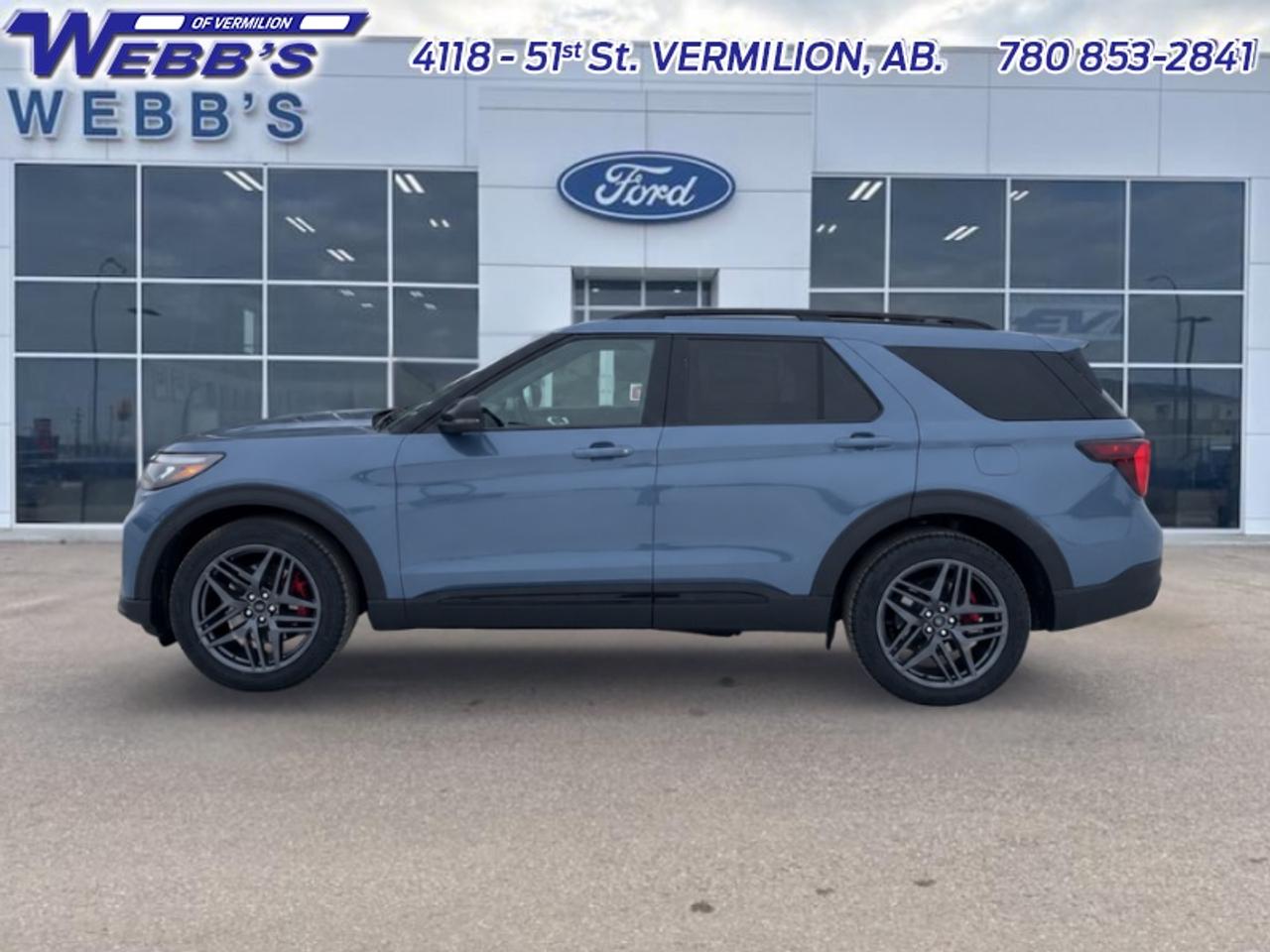 <b>Sport Suspension,  Sunroof,  Cooled Seats,  BlueCruise,  Navigation!</b><br> <br> Offering a smooth and controlled ride with plenty of room for you and yours, this 2026 Ford Explorer is a fantastic family SUV.<br> <br>This Ford Explorer is the ultimate lifestyle vehicle with plenty of style and space for all of your passengers and cargo. It has the hauling capabilities of a midsize SUV combined with strong off-road capabilities. Whether your next family adventure is to the grocery store or over a high mountain pass, the Ford Explorer was built to get you there with ease.<br> <br>This Vapor Blue Metallic SUV has a 10 Speed Automatic transmission and is powered by a 400HP 3.0L V6 Cylinder Engine. <br> <br> Our Explorers trim level is ST. This range-topping Explorer ST rewards you with sport-tuned suspension, a dual-panel sunroof and cooled front seats, as well as BlueCruise 1.2, inbuilt navigation, Bang & Olufsen audio, an aerial view camera system and a heated steering wheel. Also standard include 21 aluminum wheels, FordPass Connect 5G mobile hotspot internet access, adaptive cruise control, smart device remote engine start, and a power liftgate for rear cargo access. On the inside, occupants are treated to leather upholstery, voice-activated dual-zone climate control, and a 13.2-inch infotainment screen with wireless Apple CarPlay and Android Auto. Safety features also include lane keep assist with lane departure warning, collision mitigation, automatic emergency braking, evasion assist, and rear parking sensors. This vehicle has been upgraded with the following features: Sport Suspension, Sunroof, Cooled Seats, BlueCruise, Navigation, B&O Audio, 360 Camera.<br><br> View the original window sticker for this vehicle with this url <b><a href=http://www.windowsticker.forddirect.com/windowsticker.pdf?vin=1FMWK8GC9TGA83535 target=_blank>http://www.windowsticker.forddirect.com/windowsticker.pdf?vin=1FMWK8GC9TGA83535</a></b>.<br> <br>To apply right now for financing use this link: <a href=https://www.webbsford.com/financing/ target=_blank>https://www.webbsford.com/financing/</a><br> <br/><br>Webbs Ford is located at 4118 - 51st Street in beautiful Vermilion, AB. <br/>We offer superior sales and service for our valued customers and are committed to serving our friends and clients with the best services possible. If you are looking to set up a test drive in one of our new Fords or looking to inquire about financing options, please call (780) 853-2841 and speak to one of our professional staff members today.   Vehicle pricing offer shown expires 2026-06-30.  o~o