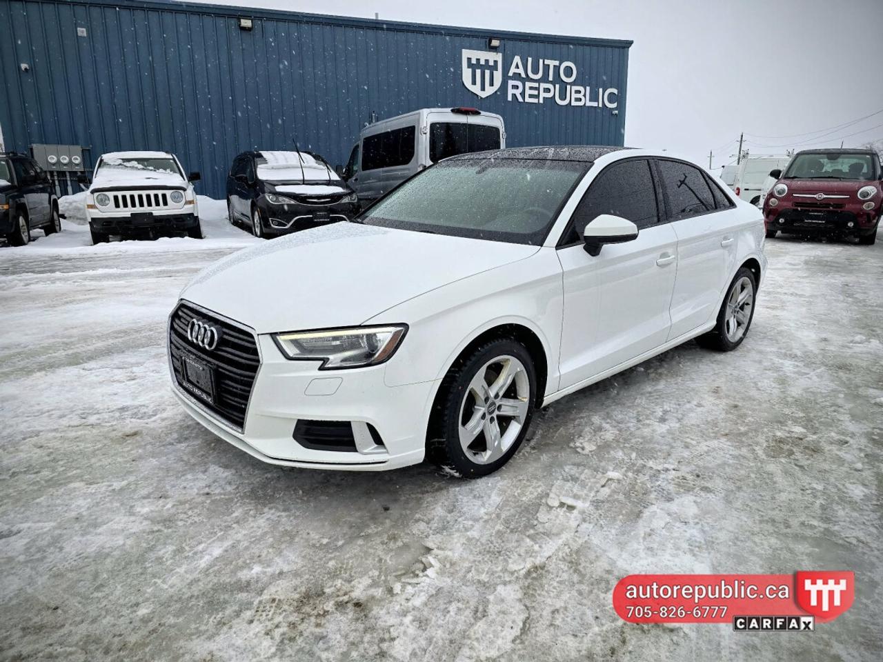 This well maintained and locally owned 2017 Audi A3 Quattro is a true gem for Audi enthusiasts. <br/> <br/> <br/> Comes Safety Certified with no extra charge <br/> <br/> <br/> Loaded with leather seats, heated seats, sunroof, dual zone climate control, cruise control, premium sound, remote keyless entry with two sets of keys power ebrake, alloy rims and more. <br/> Has new brakes and tires all around <br/> Link to Youtube walkaround video: <br/> https://www.youtube.com/watch?v=OF9r1KqrC0E <br/> <br/> <br/> Has 167400 mostly hyw kms. Locally owned and well maintained trade in. <br/> Never been in accidents - Carfax Verified <br/> Carfax shows 13 service records with 2 owners: 2017 to 2021 and 2021 to 2026 <br/> Link to Carfax: <br/> https://vhr.carfax.ca/?id=YrocBGnBe73VLhHZeZl3sVYlBy1nXspn <br/> <br/> <br/> Please call 705-826-6777 for appointments <br/> www.autorepublic.ca <br/> <br/> <br/> Available extended warranty up to 48 months <br/> <br/> <br/> Financing is available <br/> <br/> <br/> Tax and Licensing extra <br/> <br/> <br/> Trade-ins are welcome! <br/> <br/> <br/> No Hidden Fees or Admin Fees! <br/> <br/> <br/> Do not hesitate to contact us with any questions. <br/> <br/> <br/> Please call us at 705/826/6777 for more details. <br/> www.autorepublic.ca <br/>