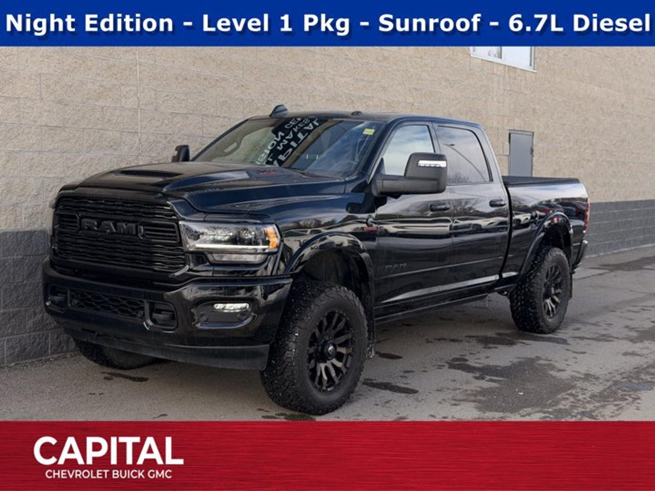 Look at this 2024 Ram 2500 Limited. Its Automatic transmission and Intercooled Turbo Diesel I-6 6.7 L/408 engine will keep you going. This Ram 2500 has the following options: WHEELS: 20 X 8 BLACK CAST ALUMINUM, TRANSMISSION: 6-SPEED AUTOMATIC -inc: Leather-Wrapped Shift Knob (STD), RADIO: UCONNECT 5 NAV W/12.0 DISPLAY, QUICK ORDER PACKAGE 2HM -inc: Engine: 6.7L Cummins I-6 Turbo Diesel, Transmission: 6-Speed Automatic, POWER SUNROOF, NIGHT EDITION -inc: Black Exterior Badging, Black RAMs Head Tailgate Badge, Body-Colour Grille Surround, Black Headlamp Bezels, Sport Performance Hood, Black Limited Grille, Wheels: 20 x 8 Black Cast Aluminum, Black Wheel Centre Hub, Black Taillamp Bezels, MOPAR DEPLOYABLE BED STEP, LUXURY DOOR TRIM PANEL (CTH), LIMITED LEVEL 1 EQUIPMENT GROUP -inc: Radio: Uconnect 5 Nav w/12.0 Display, Centre Stop Lamp w/Cargo Camera, Wheels: 20 x 8 Satin Carbon w/Bright Inserts, Surround View Camera System, LED Bed Lighting, Power Deployable Running Boards, 12 Touchscreen, RamBox Cargo Management System, Adaptive Steering System, Trailer Reverse Guidance, Ramcharger Wireless Charging Pad, 4 Adjustable Cargo Tie-Down Hooks, Full-Speed Forward Collision Warning Plus, MOPAR Spray-In Bedliner, 17-Speaker harman/kardon Premium Sound, Truck Bed Cargo Divider, Adaptive Cruise Control w/Stop, Digital Rearview Mirror, Lane Keep Assist, and INSTRUMENT CLUSTER. See it for yourself at Capital Chevrolet Buick GMC Inc., 13103 Lake Fraser Drive SE, Calgary, AB T2J 3H5.