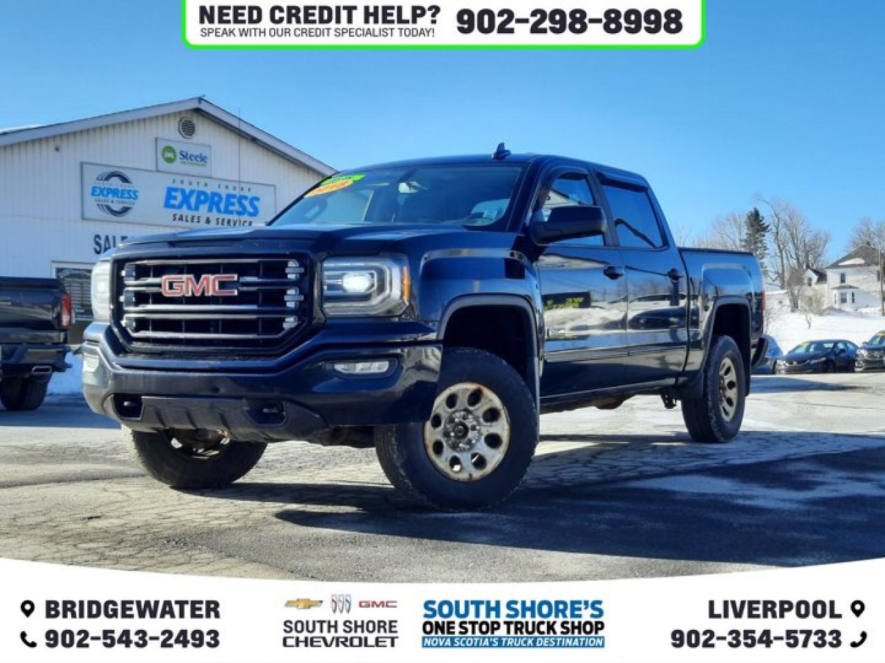 Recent Arrival! Black 2018 GMC Sierra 1500 SLT For Sale, Bridgewater 4WD 6-Speed Automatic Electronic with Overdrive EcoTec3 5.3L V8 Clean Car Fax, 6-Speed Automatic Electronic with Overdrive, 4WD, Black Leather, 150 Amp Alternator, 1st & 2nd Row Colour-Keyed Carpeted Floor Mats, 2-Speed Active Electronic AutoTrac Transfer Case, 6 Speakers, Adjustable pedals, Auto-dimming Rear-View mirror, Automatic temperature control, CD player, Chrome Bodyside Mouldings, Chrome Door Handles, Colour-Keyed Carpeting, Deep-Tinted Glass, Dual front impact airbags, Electric Rear-Window Defogger, Emergency communication system: OnStar and GMC connected services capable, Front fog lights, Fully automatic headlights, Garage door transmitter, Heated door mirrors, Heated Driver & Front Passenger Seats, Illuminated entry, Leather Wrapped Heated Steering Wheel, Occupant sensing airbag, Overhead console, Power Adjustable Pedals, Power door mirrors, Power Sliding Rear Window w/Defogger, Power steering, Power Windows w/Driver Express Up & Down, Premium audio system: GMC Infotainment System, Rear 60/40 Folding Bench Seat (Folds Up), Rear step bumper, Rear window defroster, Remote keyless entry, Single Slot CD/MP3 Player, SiriusXM, SLT Preferred Package, Speed control, Speed-sensing steering, Steering Wheel Audio Controls, Steering wheel mounted audio controls, Traction control, Trailering Equipment, Turn signal indicator mirrors.