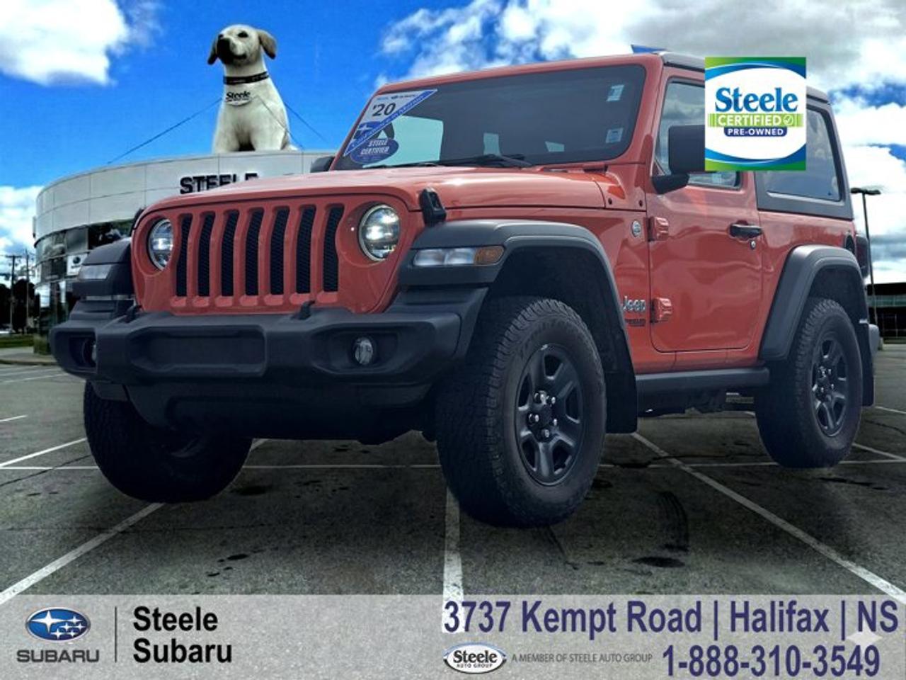 Lowest Price + Lowest Kilometer 2020 Jeep Wrangler Sport S in Atlantic Canada!2020 Jeep Wrangler Sport S | 4x4 Capability | Turbocharged | Removable Top | Heated SeatsBuilt for drivers who want more than just a commute, this Wrangler feels right at home heading out past the city toward a hidden beach or tackling gravel roads on the way to a weekend camp. Its a vehicle that turns every Nova Scotia drive into part of the adventure.The 2020 Jeep Wrangler delivers true off-road capability with its 2.0L turbocharged 4-cylinder engine paired to an 8-speed automatic transmission, giving you a strong blend of responsive power and everyday drivability. Its 4x4 system provides confident traction on loose terrain, uneven trails, and changing road conditions, while still remaining easy to live with around town. This one owner trade-in stands out with low mileage and a well-equipped setup that goes beyond a base model, offering more comfort and convenience than expected. It has been fully inspected and serviced, including a fresh oil and filter change, replacement of front brake pads and rotors, rear brake servicing, new main and auxiliary batteries, and a completed MVI, giving the next owner a Wrangler thats been properly brought up to spec and ready to enjoy without immediate maintenance concerns.Performance & Safety2.0L turbocharged 4-cylinder engine8-speed automatic transmissionCommand-Trac 4x4 systemElectronic stability controlTraction control systemAnti-lock braking systemHill start assistTrailer sway controlComfort & TechHeated front seatsHeated steering wheelCloth upholsteryTouchscreen infotainment systemApple CarPlay & Android AutoBluetooth connectivityKeyless entryAir conditioningCruise controlRemovable roof and doorsIf youre looking for something more adventurous than a typical daily driver, this Wrangler is ready for it. Contact Steele Subaru in Halifax to schedule a test drive and see how it fits everything from weekday driving to weekend exploring across Nova Scotia.STEELE CERTIFIEDThis vehicle is Steele Certified, having successfully passed a comprehensive 85-Point Inspection to ensure quality and peace of mind. A current service and Nova Scotia Motor Vehicle Inspection (MVI) has been completed, so its ready for the road. We also provide a Carfax Vehicle History Report for full transparency. Buy with confidence knowing this vehicle has been thoroughly checked by our factory-trained technicians. Trade-ins are always welcome, and were here to help make your next vehicle purchase smooth and worry-free.Ask us about flexible financing or extended warranty options.CARFAX Canada Low Kilometer All Wheel Drive, 8 Speakers, A/C w/Automatic Temperature Control, Apple CarPlay Capable, Automatic Headlamps, Black Freedom Top 3-Piece Hardtop, Cold Weather Group, Convenience Group, Dual front impact airbags, Dual front side impact airbags, Electronic Stability Control, Front Heated Seats, Google Android Auto, Heated Steering Wheel, Integrated roll-over protection, LED Fog Lamps, LED Headlamp & Fog Lamp Group, LED Reflector Headlamps, ParkView Rear Back-Up Camera, Quick Order Package 22S Sport S, Radio: Uconnect 4 w/7 Display, Rear Window Defroster, Technology Group, Telescoping steering wheel, Tilt steering wheel, Universal Garage Door Opener, Wheels: 17 x 7.5 Low-Gloss Black Steel.