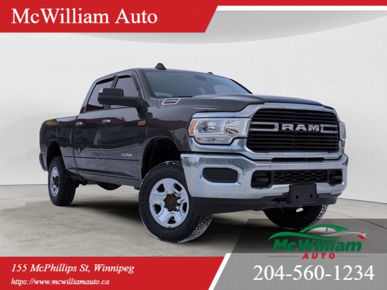 <br> This Granite Crystal Metallic 2019 Ram 2500 Big Horn Crew Cab 4x4 is a heavy-duty pickup built for serious work while delivering everyday comfort and modern technology. With bold styling, proven HEMI power, and 4x4 capability, this Crew Cab is ready to handle demanding jobs, towing duties, or weekend adventures with confidence.Power comes from the 6.4L HEMI V8 engine with FuelSaver MDS, producing impressive horsepower and torque for hauling and towing. Paired with a smooth-shifting 8-speed automatic transmission and an electronic shift-on-the-fly transfer case, this Ram delivers strong acceleration, controlled highway performance, and dependable four-wheel-drive traction in changing conditions. With a 9,900 lb GVWR and a factory Class V hitch receiver, this truck is built to tow and carry substantial loads with ease.The Protection Group adds valuable durability enhancements including tow hooks, a transfer case skid plate, and rear wheelhouse liners. LT275/70R18E on/off-road tires provide enhanced traction and load capacity, while the 18x8-inch chrome-clad steel wheels give the truck a bold, commanding stance. Black power heated trailer tow mirrors with supplemental turn signals and courtesy lamps improve visibility and convenience when hauling wide loads or maneuvering at night.Inside, the Black and Diesel Grey cloth interior offers durable comfort with a 40/20/40 split front bench seat and a spacious rear seating area. The Crew Cab configuration provides generous legroom for passengers, along with rear under-seat storage for added practicality. Power windows with one-touch up and down, cruise control, air conditioning, remote keyless entry, and push-button start enhance everyday usability.Technology is centered around the Uconnect 3 system with a 5-inch display, offering intuitive access to media and vehicle settings. The media hub includes dual USB ports, a remote USB charging port, auxiliary input, and audio input jack for seamless device connectivity. A 6-speaker sound system delivers clear audio throughout the cabin, while the 3.5-inch Electronic Vehicle Information Centre keeps important driving data easily accessible.Safety and stability features are comprehensive, including ParkView Rear Back-Up Camera, Brake Assist, Ready Alert Braking, Hill Start Assist, Traction Control, Electronic Roll Mitigation, Trailer Sway Control, and 4-wheel anti-lock disc brakes. Advanced multistage front airbags, supplemental side airbags, seat-mounted side airbags, and side curtain airbags provide added occupant protection.With its 6.4L HEMI V8 performance, heavy-duty capability, factory tow equipment, and well-equipped Big Horn trim, this 2019 Ram 2500 Crew Cab 4x4 offers the strength you need and the comfort you expect in a modern heavy-duty truck. It is an excellent choice for buyers who demand serious capability without sacrificing refinement.<br><br>
