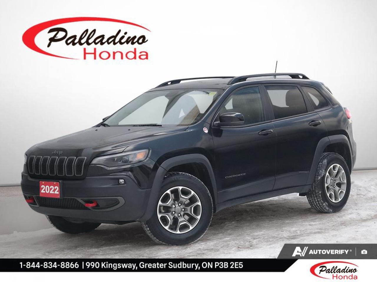 Meet the 2022 Jeep Cherokee Trailhawk, now available used at Palladino Honda in Greater Sudbury. Finished in Black and showing 91,726 km, this SUV is built for drivers who want confident year-round traction and a smooth daily drive. The 3.2L Pentastar VVT V6 with Engine Stop-Start helps balance strong response with smart efficiency.

This 2022 Jeep Cherokee Trailhawk pairs a 9-speed automatic transmission with Active Drive and 4-wheel drive for steady control in changing Northern Ontario conditions. From city streets to cottage roads, it delivers a composed feel, predictable power, and the kind of capability that makes four-season driving simpler. If you want a practical SUV with real Jeep toughness, this one deserves a closer look.

FEATURES OF THE Cherokee Trailhawk  
»» Trailhawk off-road focused Cherokee trim  
»» 3.2L Pentastar V6 power  
»» 9-speed automatic with Active Drive  
»» 4-wheel drive for all seasons  

ADVANCED SAFETY FEATURES  
»» Four-wheel drive for better winter control  
»» Stable handling with confident road manners  
»» Strong braking feel for daily driving  
»» Solid visibility from SUV seating  

PERFORMANCE AND EFFICIENCY  
»» 3.2L V6 delivers smooth passing power  
»» 9-speed automatic supports relaxed cruising  
»» Engine Stop-Start helps reduce idling  
»» Active Drive manages traction automatically  

COMFORT AND CONVENIENCE  
»» SUV ride height improves road view  
»» Easy-to-use automatic transmission operation  
»» Practical layout for everyday errands  
»» Ready for commuting or weekend trips  

TECHNONOLGY AND CONNECTIVITY  
»» Clear driver information through gauge display  
»» Simple controls designed for quick access  
»» Modern SUV layout for daily usability  
»» Built for straightforward, distraction-light driving  

CARGO SPACE  
»» SUV cargo area fits daily gear  
»» Room for groceries and sports bags  
»» Practical space for road trip packing  
»» Useful storage for everyday carry items  

WHAT OTHER OWNERS LIKE  
»» Confident four-wheel drive in bad weather  
»» Strong V6 power for merging  
»» Comfortable ride for longer drives  
»» Useful size for daily life  

This 2022 Jeep Cherokee Trailhawks VIN is: 1C4PJMBX6ND515503.

The advertised price is for financing only and applies exclusively to vehicles eligible for financing. Vehicles sold as-is are not eligible for financing and require full payment at purchase. All cash purchases of finance-eligible vehicles will be subject to an additional $2,501.00. This advertised price also does not include taxes and licensing fees. For as-is vehicles: the motor vehicle sold under this contract is being sold as-is and is not represented as being in road worthy condition, mechanically sound or maintained at any guaranteed level of quality.<p> this SUV is built for drivers who want confident year-round traction and a smooth daily drive. The 3.2L Pentastar VVT V6 with Engine Stop-Start helps balance strong response with smart efficiency.

This 2022 Jeep Cherokee Trailhawk pairs a 9-speed automatic transmission with Active Drive and 4-wheel drive for steady control in changing Northern Ontario conditions. From city streets to cottage roads</p>
<p> and the kind of capability that makes four-season driving simpler. If you want a practical SUV with real Jeep toughness</p>
<p> this one deserves a closer look.

FEATURES OF THE Cherokee Trailhawk  
»» Trailhawk off-road focused Cherokee trim  
»» 3.2L Pentastar V6 power  
»» 9-speed automatic with Active Drive  
»» 4-wheel drive for all seasons  

ADVANCED SAFETY FEATURES  
»» Four-wheel drive for better winter control  
»» Stable handling with confident road manners  
»» Strong braking feel for daily driving  
»» Solid visibility from SUV seating  

PERFORMANCE AND EFFICIENCY  
»» 3.2L V6 delivers smooth passing power  
»» 9-speed automatic supports relaxed cruising  
»» Engine Stop-Start helps reduce idling  
»» Active Drive manages traction automatically  

COMFORT AND CONVENIENCE  
»» SUV ride height improves road view  
»» Easy-to-use automatic transmission operation  
»» Practical layout for everyday errands  
»» Ready for commuting or weekend trips  

TECHNONOLGY AND CONNECTIVITY  
»» Clear driver information through gauge display  
»» Simple controls designed for quick access  
»» Modern SUV layout for daily usability  
»» Built for straightforward</p>
<p> distraction-light driving  

CARGO SPACE  
»» SUV cargo area fits daily gear  
»» Room for groceries and sports bags  
»» Practical space for road trip packing  
»» Useful storage for everyday carry items  

WHAT OTHER OWNERS LIKE  
»» Confident four-wheel drive in bad weather  
»» Strong V6 power for merging  
»» Comfortable ride for longer drives  
»» Useful size for daily life  

This 2022 Jeep Cherokee Trailhawks VIN is: 1C4PJMBX6ND515503.

The advertised price is for financing only and applies exclusively to vehicles eligible for financing. Vehicles sold as-is are not eligible for financing and require full payment at purchase. All cash purchases of finance-eligible vehicles will be subject to an additional $2</p>
<p>501.00. This advertised price also does not include taxes and licensing fees. For as-is vehicles: the motor vehicle sold under this contract is being sold as-is and is not represented as being in road worthy condition</p>