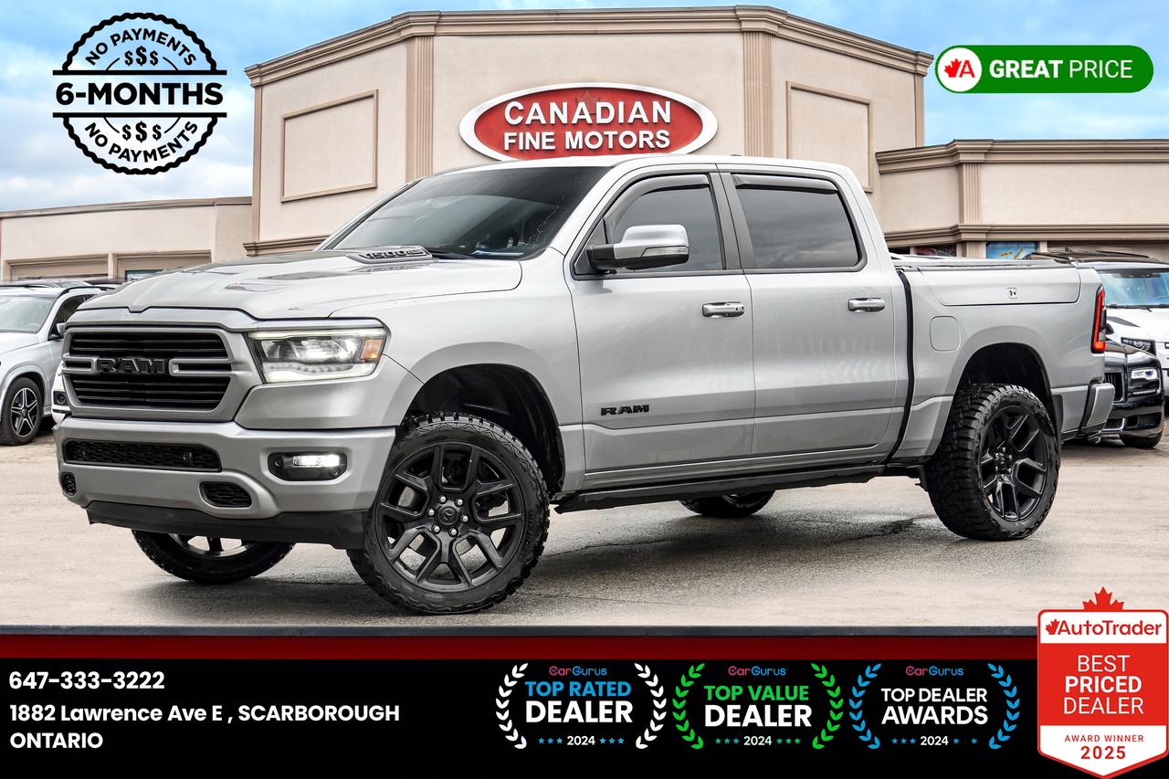 ENJOY 6 MONTHS NO PAYMENT!! <br/> <br/> <br/> <br/> <br/> RAM INSPECTION AVAILABLE UPON REQUEST!! <br/> ***CARFAX VERIFIED UPON REQUEST*** <br/> , <br/> GREY OVER BLACK LEATHER INT, <br/> <br/> <br/> 33 INCH WHEELS, LOADED WITH PREMIUM PACKAGE, WIDE AGGRESSIV STANCE , 14.5 INCH DISPLAY SCREEN, LIFTED NAVIGATION, PANORAMIC SUNROOF, COOLED AND HEATED SEATS, REAR, AIR CONDITIONING, CRUISE CTRL, CLIMATE CONTROL, TILT WHEEL, BACKUP CAMERA, BLUETOOTH, TRACTION CONTROL, AND MORE! <br/> <br/> <br/> PRICE EXCLUDES ALL APPLICABLE TAXES AND LICENSING. ALL VEHICLES, UNLESS OTHERWISE SPECIFIED CAN BE CERTIFIED FOR AN ADDITIONAL COST OF $695. OTHERWISE AS PER REGULATIONS THE VEHICLE IS NOT CERTIFIED NOT DRIVABLE. <br/> <br/> <br/> **PRICE ADVERTISED ONLINE HAS A $1500 FINANCE PURCHASING CREDIT, CASH PRICE MAY DIFFER. PLEASE CONTACT THE DEALER FOR MORE INFORMATION ON CASH PURCHASE. *DO NOT REFER TO CALCULATE MY PAYMENT TAB FOR CASH PURCHASE. ** <br/> <br/> <br/> ***FINANCING AVAILABLE**DEFERRAL OPTION AVAILABLE UP TO 6 MONTHS (NO PAYMENTS FOR 6 MONTHS)**INTEREST NOT INCLUDED IN DEFERRAL & EXTRA SUBJECT TO O.A.C <br/>