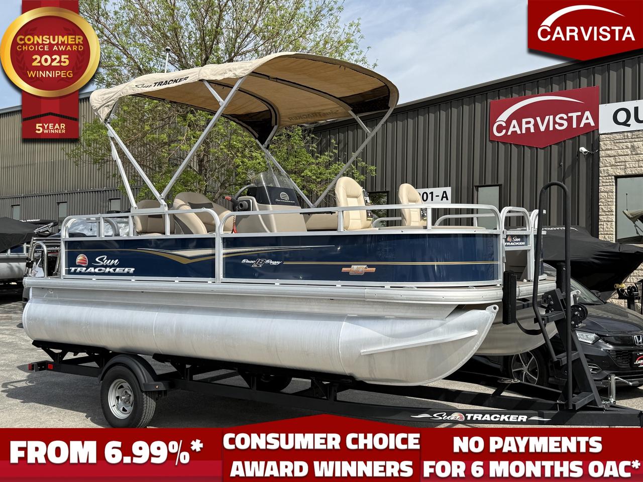2023 SUN TRACKER Bass Buggy 18 DLX  ONLY 80 HOURS! 

Hours / power
75HP Mercury FourStroke outboard
Only 80 hours

Hull / dimensions
Overall length: 20 0"
Deck length: 17 8"
Deck width (beam): 8 2"
Pontoon logs: 24" diameter, 18 4" length
Pontoon material: 0.080" 5052 marine alloy

Capacities / ratings
Fuel capacity: 32.1 gal
Max person capacity: 8 persons
Max person weight: 1,200 lbs
Max persons, motor & gear: 1,775 lbs

Weights / trailering
Average dry weight: 1,470 lbs
Average package weight (boat + trailer): ~2,985 lbs
Towing / storage length (package): 27 5"

Fishing-focused layout

Dual fishing decks with multiple swiveling pedestal fishing chairs
Two aerated livewells (commonly listed as a 10-gal bow + 8-gal aft)
Rod/tool holders and fishing stations designed for a true fish pontoon setup

Family + cruising comfort

Comfortable playpen seating layout
Bimini top for shade between fishing spots
Easy-to-tow, easy-to-store package that still carries up to 8 passengers

Mercury 75 FourStroke (common highlights)
2.1L inline-4, EFI
Typical WOT range: 4,5005,500 RPM

Trailer
Matching factory trailer included for easy towing, loading, and storage


This 2023 SUN TRACKER Bass Buggy 18 DLX is the perfect blend of fishing platform + family pontoon. Its designed for anglers who want dedicated bow and stern fishing space, but still need comfortable seating for cruising, beach days, and sunset rides. The dual fishing decks and livewell setup make it genuinely fishable, while the open pontoon layout keeps it easy for everyone to move around.

Power comes from a 75HP Mercury FourStroke with only 80 hours, giving you a strong, reliable setup thats ideal for an 18 fishing pontoonplenty of pull for getting on plane smoothly and cruising efficiently. With the matching factory trailer included, this is a turn-key package thats easy to tow, quick to launch, and simple to store.

Come see why Carvista has been the Consumer Choice Award Winner for 5 consecutive years! 2021, 2022, 2023, 2024 and 2025! Dont play the waiting game, our units are instock, no pre-order necessary!! See for yourself why Carvista has won this prestigious award and continues to serve its community. Carvista Approved! Carvista Approved! Our BoatVista package includes a complete inspection of your boat that includes an engine run up and test of the general systems of the unit! We pride ourselves in providing the highest quality marine products possible, and include a rigorous detail to ensure you get the cleanest unit around. 
Prices and payments exclude GST OR PST 
Carvista Inc. 
Dealer Permit # 1211 
Category: Used Boat
Units may not be exactly as shown, please verify all details with a sales person.