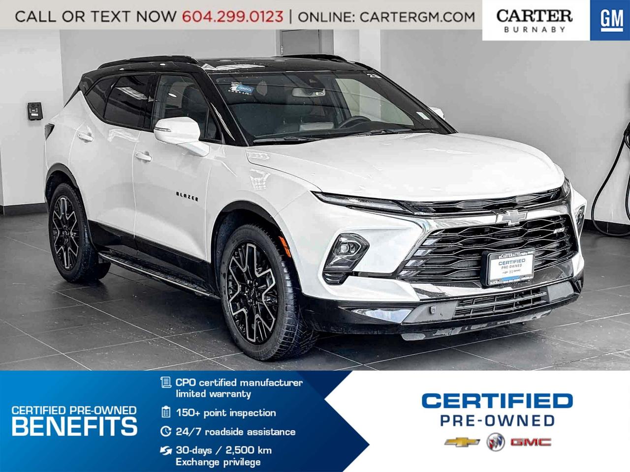 NO ACCIDENTS | ONE OWNER
Turn heads in this bold and sporty 2023 Chevrolet Blazer RS AWD. Powered by a responsive 3.6L V6, it delivers confident performance paired with all-wheel-drive capability. Enjoy premium features like an Ultraview&reg; power sunroof, heated power memory seats, heated steering wheel, navigation, HD Surround Vision, hands-free power liftgate, and park assist. Advanced safety includes Lane Change Alert, Rear Cross Traffic Alert, StabiliTrak&reg;, and traction control.

Come take it for a test drive today and experience all this stylish vehicle has to offer!

WHY CARTER GM BURNABY?

- An unrivalled vehicle purchasing experience!
- Exceeding our loyal customers expectations since 1963
- 4.5 Google star rating (with 2,300+ customer reviews)
- Cargurus Top-rated Dealer 2025 Award
- Cargurus Top Value Dealer 2025 Award
- Peace of mind - 150-point vehicle inspection
- CARFAX - full vehicle service history - purchase with confidence!
- Vehicle trades welcome! Best price guaranteed!
- We provide upfront pricing, zero hidden fees, and 100% transparency
- Fast approvals and 99% acceptance rates (no matter your current credit status!)
- Multilingual staff (many languages spoken)
- Comfortable non-pressured environment with in-store television, WIFI and a childrens play area!
- In-store restaurant: fresh daily menu





Were here to help you drive the vehicle you want, the vehicle you deserve!
QUESTIONS? GREAT! WEVE GOT ANSWERS!
To speak with a friendly vehicle specialist - CALL NOW!
The advertised price includes all standard dealer fees and any applicable manufacturer or dealer incentives. It does not include applicable taxes, licensing, insurance, or optional products or services. Dealer fees will be clearly broken out and itemized on the bill of sale, maximum total of fees $595.00. Prices are shown in Canadian dollars. While we make every effort to ensure accuracy, vehicle details, pricing, options, and availability are subject to change without notice. Please confirm all information with dealership sales management before purchase. Dealer Code: 81129