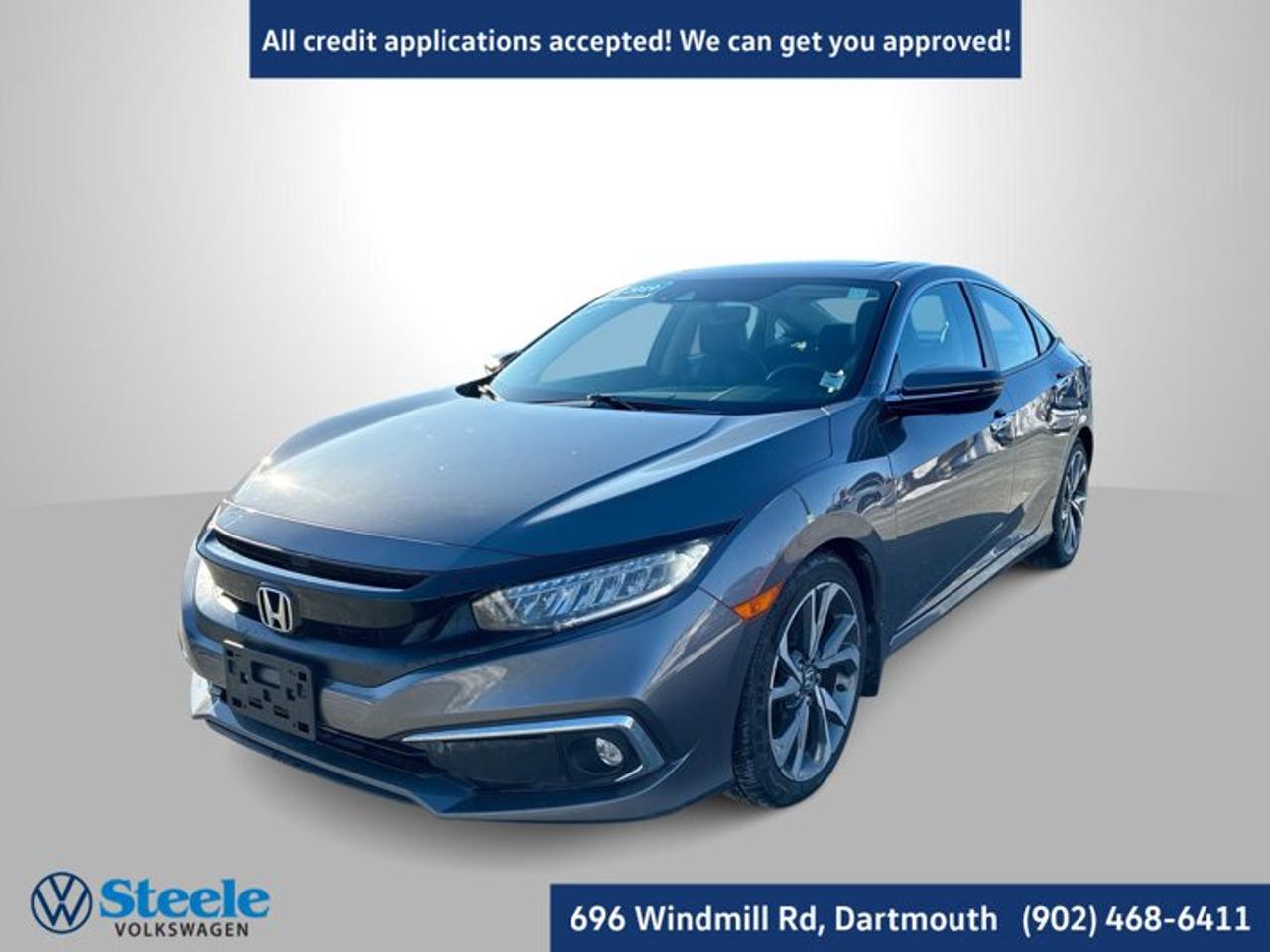 New Price!CARFAX Canada No Reported Accidents2019 Honda Civic Touring 4D Sedan Gray FWD CVT 1.5L I4 DOHC 16VAt Steele Volkswagen, we have financing options available for all credit situations!, Black Leather.This 2019 Honda Civic Touring will not last long!! Call Now to reserve your Test Drive appointment!! 1-902-468-6411 or chat with us online at www.steelevw.ca.Steele Auto Group is the most diversified group of automobile dealerships in Atlantic Canada, with 40 dealerships selling 27 brands and an employee base of over 1000. Sales are up by double digits over last year and the plan going forward is to expand further into Atlantic Canada.Reviews:* This generation of Civic attracted shoppers with Hondas reputation for safety and reliability, and many owners report that good looks, a thoughtful and handy interior, and plenty of feature content for the money helped seal the deal. Headlight performance is highly rated, as is a smooth and punchy performance from the turbocharged engine. Source: autoTRADER.ca