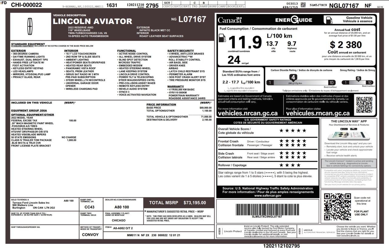 2022 Lincoln Aviator Reserve 200A|TOWPKG|NEW TIRES| HTD STERRING| COOLED SEATS Photo
