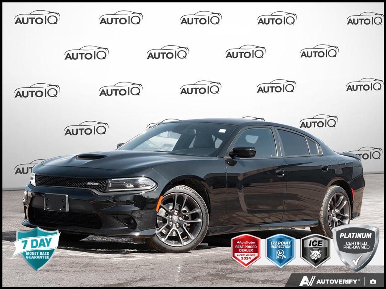 Recent Arrival!<br>CARFAX Canada No Reported Accidents<br><br>| Remote Start, Black Cloth, 4-Wheel Disc Brakes, 6 Speakers, ABS brakes, Air Conditioning, AM/FM radio: SiriusXM, Anti-whiplash front head restraints, Apple CarPlay/Android Auto, Auto-dimming Rear-View mirror, Automatic temperature control, Black-Edged Premium Floor Mats, Block heater, Brake assist, Bumpers: body-colour, Carbonite Interior Accents, Compass, Daytona Edition, Daytona Front Grille Badge, Daytona Instrument Panel Badge, Delay-off headlights, Driver door bin, Driver vanity mirror, Dual front impact airbags, Dual front side impact airbags, Electronic Stability Control, Emergency communication system: SiriusXM Guardian, Exterior Mirrors w/Auto-Adjust In Reverse, Four wheel independent suspension, Front anti-roll bar, Front Bucket Seats, Front dual zone A/C, Front fog lights, Front Heated Seats, Front reading lights, Front Ventilated Seats, Fully automatic headlights, Garage door transmitter, Gloss Black IP Cluster Trim Rings, Heated door mirrors, Heated Steering Wheel, Illuminated entry, Knee airbag, Leather Shift Knob, Leather/Alcantara-Faced Front Vented Seats (YL), Low tire pressure warning, MOPAR Cold Air Intake System, Occupant sensing airbag, Outside temperature display, Overhead airbag, Overhead console, Panic alarm, ParkView Rear Back-Up Camera, Passenger door bin, Passenger vanity mirror, Power 2-Way Driver Lumbar Adjust, Power 2-Way Passenger Lumbar Adjust, Power door mirrors, Power Driver & Front Passenger Seats, Power driver seat, Power steering, Power Tilt/Telescoping Steering Column, Power windows, Premium-Stitched Dash Panel, Quick Order Package 26N, R/T Badge, Radio data system, Radio: Uconnect 4C w/8.4 Display, Radio/Driver Seat/Mirrors w/Memory, Rain sensing wipers, Rear anti-roll bar, Rear Illuminated Cup Holders, Rear reading lights, Rear Seat Armrest w/Storage Cup Holder, Rear window defroster, Remote keyless entry, Satin Black 1-Piece Performance Spoiler, Satin Black Charger Decklid Badge, Satin Black Vinyl Decals, Second-Row Heated Seats, Speed control, Speed-Sensitive Wipers, Split folding rear seat, Spoiler, Sport steering wheel, Steering wheel mounted audio controls, Tachometer, Telescoping steering wheel, Tilt steering wheel, Traction control, Trailer Sway Control, Trip computer, Variably intermittent wipers, Wheels: 20 x 9 Low Gloss Granite Crystal.<br><br>Pitch Black Clearcoat<br>2022 Dodge Charger R/T<br>4D Sedan<br>HEMI 5.7L V8 VVT 8-Speed Automatic<br>RWD<br><br>Awards:<br>  * ALG Canada Residual Value Awards<p> </p>

<h4>PLATINUM CERTIFIED PRE-OWNED VEHICLE</h4>

<p>
- 36-point Provincial Safety Inspection<br>
- 172-point inspection combined mechanical, aesthetic, functional inspection including a vehicle report card<br>
- Warranty: 90-days or 5,000 KM on inspected mechanical items, factory extended options eligible for warranty up to 200,000 KM<br>
- Complimentary CARFAX Vehicle History Report<br>
- 3X Provincial safety standard for tire tread depth<br>
- 3X Provincial safety standard for brake pad thickness<br>
- 7 Day Money Back Guarantee*<br>
- Market Value Report provided<br>
- Guaranteed 2 keys/key fobs and door code (if equipped)<br>
- Equipped vehicles include a complimentary 3 month Sirius satellite radio subscription!<br>
- Complimentary full interior detailing and carpet shampoo<br>
- Paintless dent repair and/or touch-ups for applicable body panels<br>
- Vehicle scanned for open recall notifications from manufacturer
</p>

<p>SPECIAL NOTE: This vehicle is reserved for AutoIQs retail customers only. Please, no dealer calls. Errors & omissions excepted.</p>

<p>*As-traded, specialty or high-performance vehicles are excluded from the 7-Day Money Back Guarantee Program (including, but not limited to Ford Shelby, Ford mustang GT, Ford Raptor, Chevrolet Corvette, Camaro 2SS, Camaro ZL1, V-Series Cadillac, Dodge/Jeep SRT, Hyundai N Line, all electric models)</p>