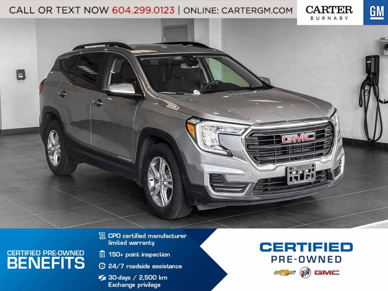 ONE OWNER
Enjoy comfort, efficiency, and modern technology in this 2023 GMC Terrain SLE FWD. Powered by a responsive 1.5L turbocharged engine, it delivers smooth performance for daily commuting and weekend drives. Confidence comes standard with StabiliTrak&reg; stability control, traction control, Hill Descent Control, and a Following Distance Indicator. Stay connected with GMC Connected Access capability and convenient USB charging ports for your devices. Practical, refined, and ready for the road ahead.

Come take it for a test drive today and experience all this stylish vehicle has to offer!

WHY CARTER GM BURNABY?

- An unrivalled vehicle purchasing experience!
- Exceeding our loyal customers expectations since 1963
- 4.5 Google star rating (with 2,300+ customer reviews)
- Cargurus Top-rated Dealer 2025 Award
- Cargurus Top Value Dealer 2025 Award
- Peace of mind - 150-point vehicle inspection
- CARFAX - full vehicle service history - purchase with confidence!
- Vehicle trades welcome! Best price guaranteed!
- We provide upfront pricing, zero hidden fees, and 100% transparency
- Fast approvals and 99% acceptance rates (no matter your current credit status!)
- Multilingual staff (many languages spoken)
- Comfortable non-pressured environment with in-store television, WIFI and a childrens play area!
- In-store restaurant: fresh daily menu





Were here to help you drive the vehicle you want, the vehicle you deserve!
QUESTIONS? GREAT! WEVE GOT ANSWERS!
To speak with a friendly vehicle specialist - CALL NOW!
The advertised price includes all standard dealer fees and any applicable manufacturer or dealer incentives. It does not include applicable taxes, licensing, insurance, or optional products or services. Dealer fees will be clearly broken out and itemized on the bill of sale, maximum total of fees $495.00. Prices are shown in Canadian dollars. While we make every effort to ensure accuracy, vehicle details, pricing, options, and availability are subject to change without notice. Please confirm all information with dealership sales management before purchase. Dealer Code: 81129
