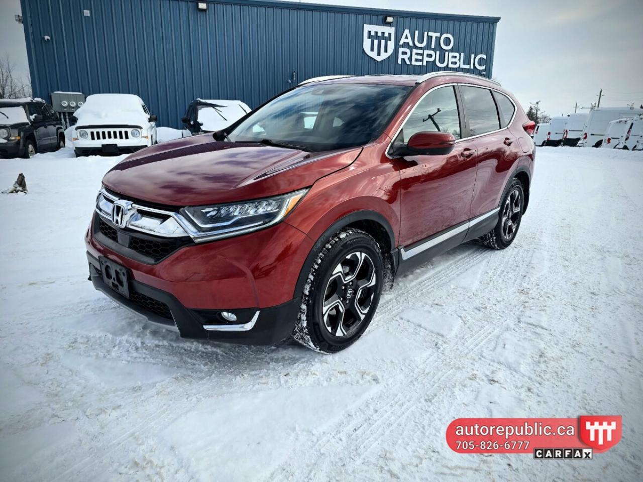 Discover the epitome of reliability and style with this top of the line 2017 Honda CR-V Touring. This suv boasts a perfect blend of versatility, efficiency, and comfort, making it an ideal choice for any journey. <br/> <br/> <br/> Loaded with a range of advanced features, including a responsive touchscreen infotainment system, Navigation, Bluetooth connectivity, backup camera, panoramic sunroof, power adjustable leather and heated seats with memory, heated steering wheel, remote start, power tailgate, line assist, collision avoidance system, power ebrake, brake hold, econ mode, posh to start, roof rails, fog lights, alloy rims and more. <br/> <br/> <br/> Rest assured, this CR-V has been diligently maintained, with regular servicing and care taken by its owner. Its pristine condition and low mileage make it a rare find in the pre-owned market. <br/> Dont miss your chance to own this exceptional 2017 Honda CR-V Touring. Contact us today to schedule a test drive and experience driving perfection firsthand. <br/> <br/> <br/> Comes Safety Certified included in the price <br/> <br/> <br/> Link to Youtube walkaround video: <br/> https://www.youtube.com/watch?v=OT-IAFEqGOQ <br/> <br/> <br/> Has only 112300 kms, had owner and never been in accidents- Carfax Verified <br/> Link to Carfax: <br/> https://vhr.carfax.ca/?id=cIn+I8h2vZznPsAdTgvxTB4F2YVsJTwp <br/> <br/> <br/> Please call 705-826-6777 for appointments <br/> www.autorepublic.ca <br/> <br/> <br/> Available extended warranty up to 48 months <br/> <br/> <br/> Financing is available <br/> <br/> <br/> Tax and Licensing extra <br/> <br/> <br/> Trade-ins are welcome! <br/> <br/> <br/> No Hidden Fees or Admin Fees! <br/> <br/> <br/> Do not hesitate to contact us with any questions. <br/> <br/> <br/> Please call us at 705/826/6777 for more details. <br/> www.autorepublic.ca <br/>