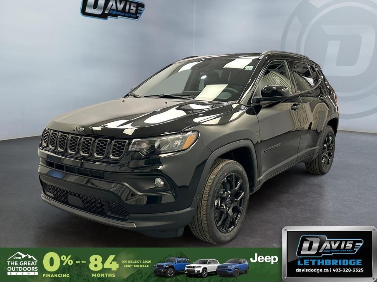 <b>Heated Steering Wheel, Remote Start, Climate Control, Proximity Key, Heated Seats!</b><br /> <br /> Delivering a contemporary twist on iconic Jeep styling, this 2026 Compass is the perfect mix of rugged and refined.<br /> <br />Keeping with quintessential Jeep engineering, this 2026 Compass sports a striking exterior design, with an extremely refined interior, loaded with the latest and greatest safety, infotainment and convenience technology. This SUV also has the off-road prowess to booth, with rugged build quality and great reliability to ensure that you get to your destination and back, as many times as you want.<br /> <br />This Diamond Black Crystal Pearl SUV has an Automatic transmission and is powered by a 200HP 2.0L 4 Cylinder Engine. <br /> <br /> Our Compass's trim level is North. This Compass North steps things up with a heated steering wheel, dual-zone climate control, remote engine start, roof rack rails, front fog lamps and cornering headlamps, in addition to heated front seats, a 10.1-inch infotainment screen powered by Uconnect 5 with Apple CarPlay and Android Auto, push button start, air conditioning, cruise control with steering wheel controls, and front and rear cupholders. Safety features also include lane keeping assist with lane departure warning, forward collision warning with active braking, driver monitoring alert, and a rearview camera. This vehicle has been upgraded with the following features: Heated Steering Wheel, Remote Start, Climate Control, Proximity Key, Heated Seats, LED Lights, Lane Keep Assist.<br /><br /> <br />To apply right now for financing use this link: <a href=https://lethbridge.davisdodge.ca/free-credit-check/ target=_blank rel=nofollow noopener noreferrer>https://lethbridge.davisdodge.ca/free-credit-check/</a><br /> <br /><br />As a premier Chrysler, Dodge, Jeep and RAM dealership, Davis Dodge proudly offers an extensive selection of new and used vehicles to meet every drivers needs. Customers across Lethbridge, Fort Macleod, Taber, Claresholm, Coaldale, and beyond trust us for daily vehicle specials, certified service and parts, and a seamless online inventory experience. <br /><br /> With competitive financing options and expert support, we make car buying easy and enjoyable. <br /><br /> Ready to hit the road? Schedule your test drive today at Davis Dodge, your trusted Chrysler, Dodge, Jeep and RAM dealer in Lethbridge, Alberta.<br /><br /> Vehicle pricing offer shown expires 2026-06-30. <br /> Come by and check out our fleet of 60+ used cars and trucks and 100+ new cars and trucks for sale in Lethbridge. o~o