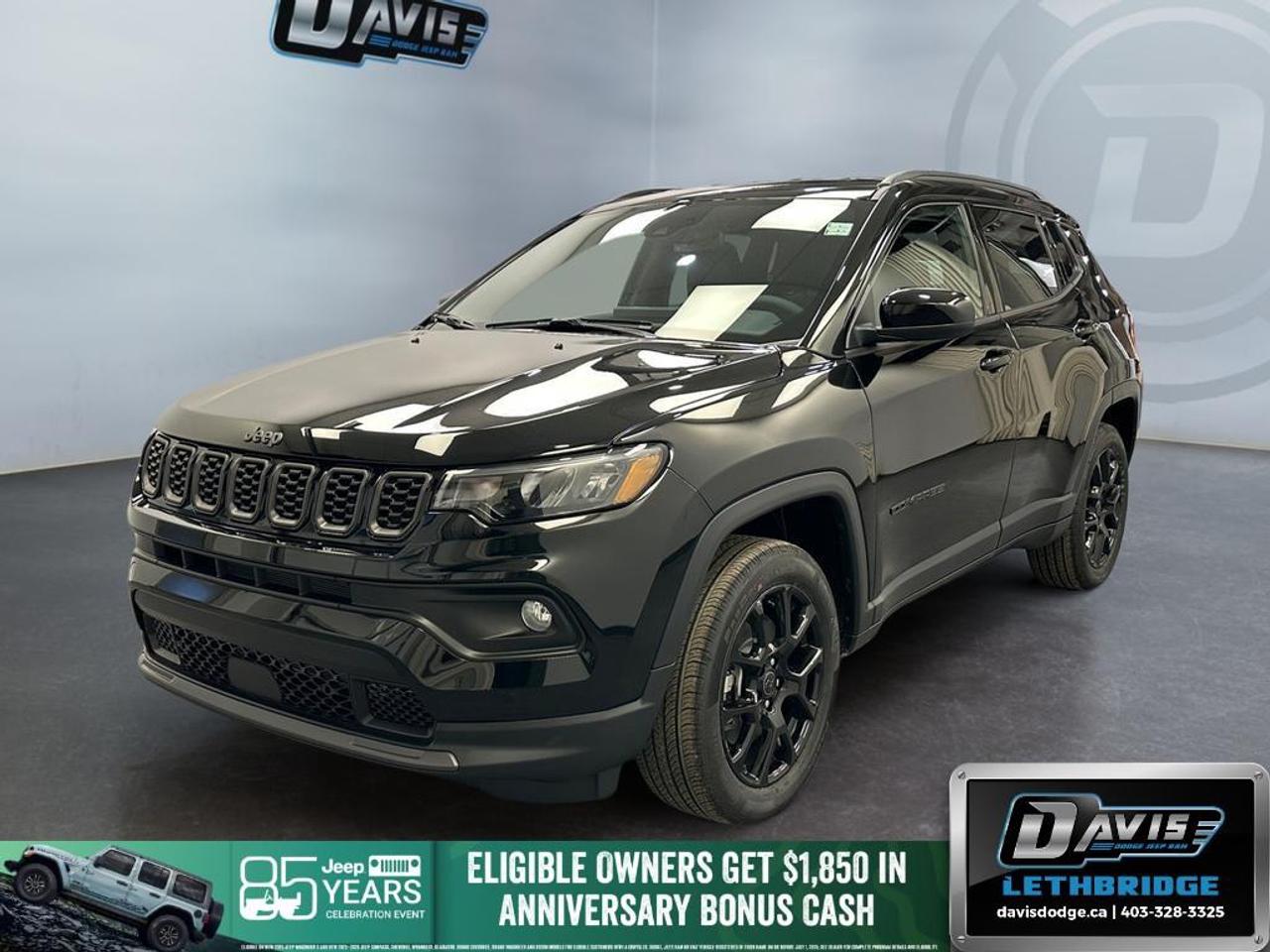 <b>Heated Steering Wheel, Remote Start, Climate Control, Proximity Key, Heated Seats!</b><br /> <br /> With outstanding off-road capability augmented by refined on-road manners, this 2026 Jeep Compass offers the best of both worlds.<br /> <br />Keeping with quintessential Jeep engineering, this 2026 Compass sports a striking exterior design, with an extremely refined interior, loaded with the latest and greatest safety, infotainment and convenience technology. This SUV also has the off-road prowess to booth, with rugged build quality and great reliability to ensure that you get to your destination and back, as many times as you want.<br /> <br />This Diamond Black Crystal Pearl SUV has an Automatic transmission and is powered by a 200HP 2.0L 4 Cylinder Engine. <br /> <br /> Our Compass's trim level is North. This Compass North steps things up with a heated steering wheel, dual-zone climate control, remote engine start, roof rack rails, front fog lamps and cornering headlamps, in addition to heated front seats, a 10.1-inch infotainment screen powered by Uconnect 5 with Apple CarPlay and Android Auto, push button start, air conditioning, cruise control with steering wheel controls, and front and rear cupholders. Safety features also include lane keeping assist with lane departure warning, forward collision warning with active braking, driver monitoring alert, and a rearview camera. This vehicle has been upgraded with the following features: Heated Steering Wheel, Remote Start, Climate Control, Proximity Key, Heated Seats, LED Lights, Lane Keep Assist.<br /><br /> <br />To apply right now for financing use this link: <a href=https://lethbridge.davisdodge.ca/free-credit-check/ target=_blank rel=nofollow noopener noreferrer>https://lethbridge.davisdodge.ca/free-credit-check/</a><br /> <br /><br />As a premier Chrysler, Dodge, Jeep and RAM dealership, Davis Dodge proudly offers an extensive selection of new and used vehicles to meet every drivers needs. Customers across Lethbridge, Fort Macleod, Taber, Claresholm, Coaldale, and beyond trust us for daily vehicle specials, certified service and parts, and a seamless online inventory experience. <br /><br /> With competitive financing options and expert support, we make car buying easy and enjoyable. <br /><br /> Ready to hit the road? Schedule your test drive today at Davis Dodge, your trusted Chrysler, Dodge, Jeep and RAM dealer in Lethbridge, Alberta.<br /><br /> Vehicle pricing offer shown expires 2026-07-31. <br /> Come by and check out our fleet of 50+ used cars and trucks and 110+ new cars and trucks for sale in Lethbridge. o~o