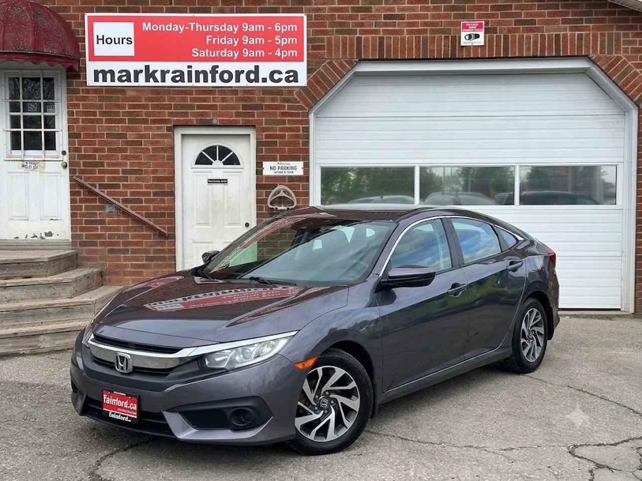 <p>WOW! Super-Clean, well-maintained Honda Civic from Kingston, ON! This SE Sedan model looks sharp in its Grey paint and factory alloy wheels with nice options inside and out! The exterior features keyless entry with remote start, proximity keys, automatic headlights, colour-matched heated side mirrors, forward collision warning, adaptive cruise controls and lane keeping assist, low-profile trunklid spoiler, sharp exterior styling, a set of gorgeous factory Alloy wheels, a peppy fuel-efficient 2.0L 4-Cylinder Engine and CVT Auto Transmission! The interior is clean and comfortable with heated cloth front seating, spacious rear seating, a large trunk, power door locks, windows and mirrors, all-weather floor mats, a leather-wrapped steering wheel with Audio and Cruise controls, an easy-to-read and use gauge cluster, push button start, a large central touch screen AM/FM Radio with Bluetooth, Apple CarPlay, Android Auto, and Backup Camera, A/C climate controls with front and rear window defrost settings, Auto-Hold Brake, ECON Driving mode, USB/12V accessory ports and more!&nbsp;</p><p>&nbsp;</p><p>Carfax Claims Free, Good KMs and Great Service History!</p><p>&nbsp;</p><p>Call (905) 623-2906</p><p>&nbsp;</p><p>Text Ryan: (905) 429-9680 or email: ryan@markrainford.ca</p><p>&nbsp;</p><p>Text Mark: (905) 431-0966 or email: mark@markrainford.ca</p>