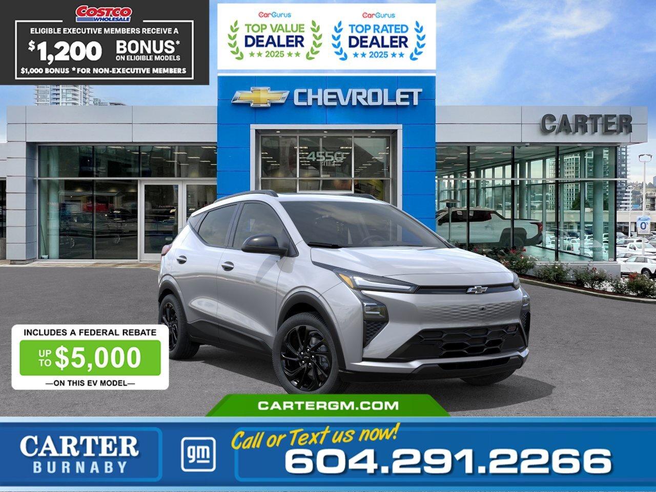 THE FEDERAL EV REBATE IS BACK! Receive up to $5,000 OFF the purchase of your new electric vehicle on eligible new EV models. This is your opportunity to make the switch to electric with meaningful federal savings applied directly to your purchase. Inventory is arriving now. Contact us today to confirm eligibility and secure your EV while funding remains available. Eligibility: Final transaction price must not exceed $50,000 (before taxes and fees).  Exclusive savings are back for Costco members at Carter GM Burnaby! Combining Costco bonuses with eligible manufacturer incentives for exceptional value. Receive a $1,200 Executive Member Bonus or your $1,000 Non-Executive Member Bonus on select models, plus additional manufacturer incentives for which members may qualify.   Visit us today or contact our team to confirm eligibility and secure your Costco member savings while this limited time offer lasts!  Drive the future with this 2027 Chevrolet Bolt RS FWD, a sporty all-electric hatchback designed for efficiency and everyday excitement. With an impressive 422 km driving range, its ready for both city commutes and weekend adventures. Enjoy comfort with an 8-way power driver seat and heated power-adjustable mirrors. Advanced safety features like Front Pedestrian and Bicyclist Braking, Reverse Automatic Braking, Rear Cross Traffic Braking, Blind Zone Steering Assist, Side Bicyclist Alert, and StabiliTrak stability control help keep you confident on every drive.  Come take it for a test drive today and experience all this stylish vehicle has to offer!  WHY CARTER GM BURNABY?  - An unrivalled vehicle purchasing experience! - Exceeding our loyal customers expectations since 1963 - 4.5 Google star rating with 2,300+ customer reviews) - CarGurus Top-Rated Dealer 2025 Award - CarGurus Top Value Dealer 2025 Award - Vehicle trades welcome! Best price guaranteed! - We provide upfront pricing, zero hidden fees, and 100% transparency - Fast approvals and 99% acceptance rates (no matter your current credit status!) - Multilingual staff (many languages spoken) - Comfortable non-pressured environment with in-store television, WIFI and a childrens play area! - In-store restaurant: fresh daily menu        Were here to help you drive the vehicle you want, the vehicle you deserve! QUESTIONS? GREAT! WEVE GOT ANSWERS! To speak with a friendly vehicle specialist - CALL NOW! The advertised price includes all standard dealer fees and any applicable manufacturer or dealer incentives. It does not include applicable taxes, licensing, insurance, or optional products or services. Dealer fees will be clearly broken out and itemized on the bill of sale, maximum total of fees $595.00. Prices are shown in Canadian dollars. While we make every effort to ensure accuracy, vehicle details, pricing, options, and availability are subject to change without notice. Please confirm all information with dealership sales management before purchase. Dealer Code: 81129