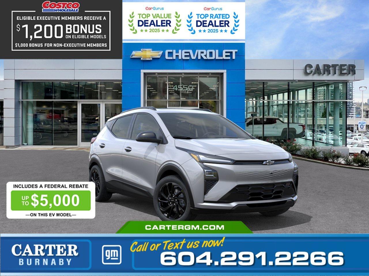 Drive Electric and Save Big! Get up to $9,000 in combined SAVINGS on your new EV through Manufacturer and Federal EVAP rebates! Upgrade to an EV today and maximize your savings with limited-time rebate funding. Eligibility: Final transaction price must not exceed $50,000 (before taxes and fees) and rebates subject to program availability and approval.  Plus, for a limited time, exclusive savings are back for Costco members! Receive a $1,200 Executive Member Bonus or a $1,000 Non-Executive Member Bonus on select models.  Drive the future with this 2027 Chevrolet Bolt RS FWD, a sporty all-electric hatchback designed for efficiency and everyday excitement. With an impressive 422 km driving range, its ready for both city commutes and weekend adventures. Enjoy comfort with an 8-way power driver seat and heated power-adjustable mirrors. Advanced safety features like Front Pedestrian and Bicyclist Braking, Reverse Automatic Braking, Rear Cross Traffic Braking, Blind Zone Steering Assist, Side Bicyclist Alert, and StabiliTrak stability control help keep you confident on every drive.  Come take it for a test drive today and experience all this stylish vehicle has to offer!  WHY CARTER GM BURNABY?  - An unrivalled vehicle purchasing experience! - Exceeding our loyal customers expectations since 1963 - 4.5 Google star rating with 2,300+ customer reviews) - CarGurus Top-Rated Dealer 2025 Award - CarGurus Top Value Dealer 2025 Award - Vehicle trades welcome! Best price guaranteed! - We provide upfront pricing, zero hidden fees, and 100% transparency - Fast approvals and 99% acceptance rates (no matter your current credit status!) - Multilingual staff (many languages spoken) - Comfortable non-pressured environment with in-store television, WIFI and a childrens play area! - In-store restaurant: fresh daily menu        Were here to help you drive the vehicle you want, the vehicle you deserve! QUESTIONS? GREAT! WEVE GOT ANSWERS! To speak with a friendly vehicle specialist - CALL NOW! The advertised price includes all standard dealer fees and any applicable manufacturer or dealer incentives. It does not include applicable taxes, licensing, insurance, or optional products or services. Dealer fees will be clearly broken out and itemized on the bill of sale, maximum total of fees $595.00. Prices are shown in Canadian dollars. While we make every effort to ensure accuracy, vehicle details, pricing, options, and availability are subject to change without notice. Please confirm all information with dealership sales management before purchase. Dealer Code: 81129