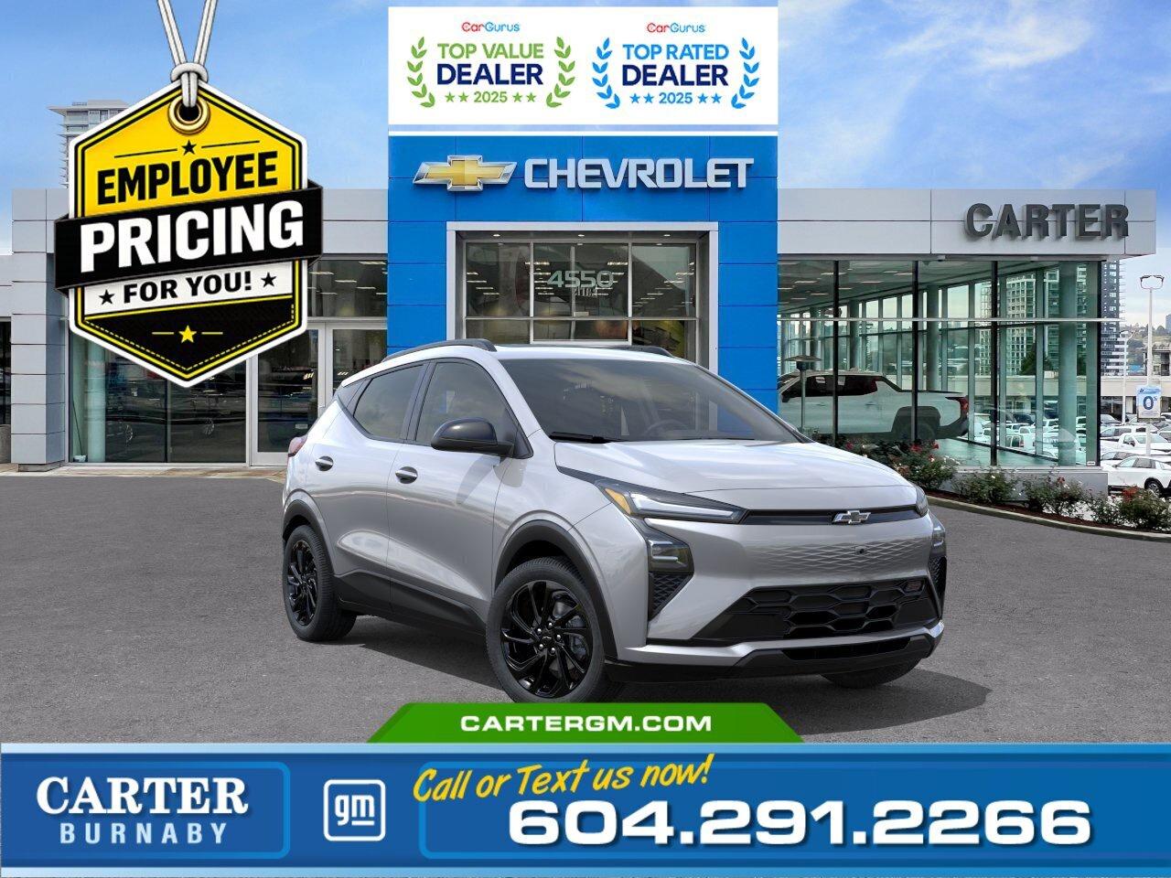 GREAT NEWS! EMPLOYEE PRICING IS BACK! Unlock exceptional savings on eligible new electric vehicles. Combine Employee Pricing with available incentives and drive home an EV for less.  Available Savings Include:  - $1,500 Employee Pricing Credit - $2,300 Non stackable cash discount - Up to $5,000 Federal EVAP incentive for eligible customers, applied after tax.  Only vehicles with a final transaction price under $50,000 before tax are eligible for EVAP.  Drive the future with this 2027 Chevrolet Bolt RS FWD, a sporty all-electric hatchback designed for efficiency and everyday excitement. With an impressive 422 km driving range, its ready for both city commutes and weekend adventures. Enjoy comfort with an 8-way power driver seat and heated power-adjustable mirrors. Advanced safety features like Front Pedestrian and Bicyclist Braking, Reverse Automatic Braking, Rear Cross Traffic Braking, Blind Zone Steering Assist, Side Bicyclist Alert, and StabiliTrak stability control help keep you confident on every drive.  Come take it for a test drive today and experience all this stylish vehicle has to offer!  WHY CARTER GM BURNABY?  - An unrivalled vehicle purchasing experience! - Exceeding our loyal customers expectations since 1963 - 4.5 Google star rating with 2,300+ customer reviews) - CarGurus Top-Rated Dealer 2025 Award - CarGurus Top Value Dealer 2025 Award - Vehicle trades welcome! Best price guaranteed! - We provide upfront pricing, zero hidden fees, and 100% transparency - Fast approvals and 99% acceptance rates (no matter your current credit status!) - Multilingual staff (many languages spoken) - Comfortable non-pressured environment with in-store television, WIFI and a childrens play area! - In-store restaurant: fresh daily menu        Were here to help you drive the vehicle you want, the vehicle you deserve! QUESTIONS? GREAT! WEVE GOT ANSWERS! To speak with a friendly vehicle specialist - CALL NOW! The advertised price includes all standard dealer fees and any applicable manufacturer or dealer incentives. It does not include applicable taxes, licensing, insurance, or optional products or services. Dealer fees will be clearly broken out and itemized on the bill of sale, maximum total of fees $699.00. Prices are shown in Canadian dollars. While we make every effort to ensure accuracy, vehicle details, pricing, options, and availability are subject to change without notice. Please confirm all information with dealership sales management before purchase. Dealer Code: 81129