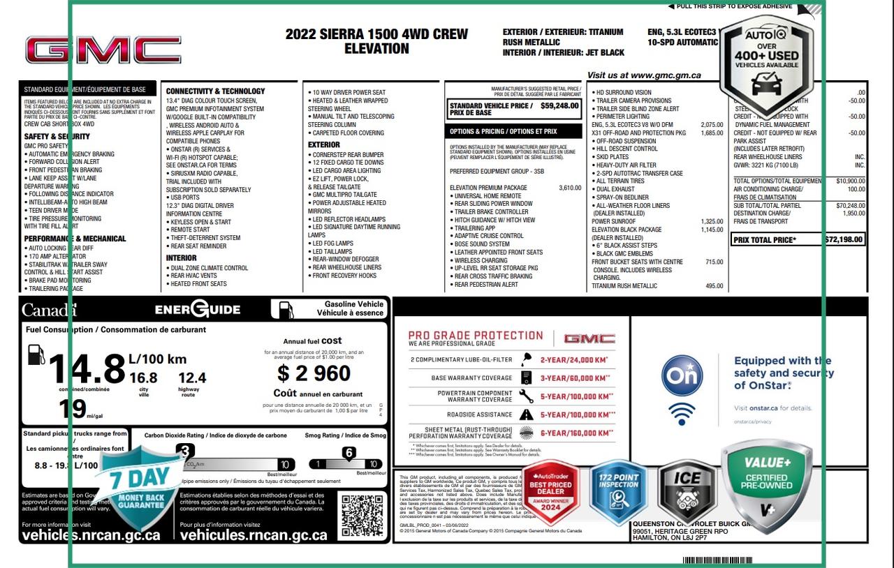 New Price! Recent Arrival!<br>CARFAX Canada No Reported Accidents CARFAX Canada One Owner<br><br>| One Owner, | No Accidents, | Apple CarPlay/Android Auto, 10-Speed Automatic, 4WD, Jet Black w/Forge Perforated Leather Seat Trim, 120-Volt Bed Mounted Power Outlet, 120-Volt Instrument Panel Power Outlet, 2 Charge/Data USB Ports, 2 Type-C Charge-Only Rear USB Ports, Adaptive Cruise Control, All-Weather Floor Liner (LPO), Auto-Locking Rear Differential, Body Colour Header w/Gloss Black Mesh Grille Bars, Cloth Rear Seat w/Storage Package, Colour-Keyed Carpeting Floor Covering, Compass, Deep-Tinted Glass, Dual Exhaust System, Electric Rear-Window Defogger, Electrical Steering Column Lock, Elevation Premium Package, Front Frame-Mounted Black Recovery Hooks, Front Rubberized-Vinyl Floor Mats, GMC Connected Access Capable, HD Rear Vision Camera, HD Surround Vision, Heated Steering Wheel, Heavy-Duty Air Filter, High Capacity Suspension Package, High Gloss Black Mirror Caps, Hill Descent Control, Hitch Guidance, Hitch Guidance w/Hitch View, In-Vehicle Trailering App, Integrated Trailer Brake Controller, Keyless Open & Start, Leather-Appointed Seat Trim, LED Cargo Area Lighting, Manual Tilt-Wheel & Telescoping Steering Column, Off-Road Suspension, OnStar & GMC Connected Services Capable, Perimeter Lighting, Power Door Locks, Power Front Windows w/Driver Express Up/Down, Power Front Windows w/Passenger Express Down, Power Rear Windows w/Express Down, Power Sliding Rear Window w/Rear Defogger, Preferred Equipment Group 3SB, Preferred Package, Premium Bose 7-Speaker Sound System, Push Button Start, Rear Cross Traffic Braking, Rear Parking Assist, Rear Pedestrian Alert, Rear Rubberized-Vinyl Floor Mats, Rear Wheelhouse Liners, Remote Vehicle Starter System, Sierra Safety Plus Package, Spray-On Pickup Bed Liner w/GMC Logo, Steering Wheel Audio Controls, Theft Deterrent System (Unauthorized Entry), Trailer Camera Provisions, Trailer Side Blind Zone Alert, Trailering Package, Universal Home Remote, Up-Level Rear Seat w/Storage Package, Wi-Fi Hotspot Capable, Wireless Charging, X31 Hard Badge, X31 Off-Road & Protection Package, X31 Off-Road Package.<br><br>Titanium Rush Metallic Elevation<br>X-31 OFF-ROAD PKG | 20 INCH GLOSS BLACK WHEELS | LEATHER INTERIOR | HEATED SEATS | HEATED STEERING WHEEL 2022 GMC Sierra 1500 Elevation  EcoTec3 5.3L V8<br>10-Speed Automatic<br>4WD<p> </p><h4>VALUE+ CERTIFIED PRE-OWNED VEHICLE</h4><p>36-point Provincial Safety Inspection<br />172-point inspection combined mechanical, aesthetic, functional inspection including a vehicle report card<br />Warranty: 30 Days or 1500 KMS on mechanical safety-related items and extended plans are available<br />Complimentary CARFAX Vehicle History Report<br />2X Provincial safety standard for tire tread depth<br />2X Provincial safety standard for brake pad thickness<br />7 Day Money Back Guarantee*<br />Market Value Report provided<br />Complimentary 3 months SIRIUS XM satellite radio subscription on equipped vehicles<br />Complimentary wash and vacuum<br />Vehicle scanned for open recall notifications from manufacturer</p><p>SPECIAL NOTE: This vehicle is reserved for AutoIQs retail customers only. Please, No dealer calls. Errors & omissions excepted.</p><p>*As-traded, specialty or high-performance vehicles are excluded from the 7-Day Money Back Guarantee Program (including, but not limited to Ford Shelby, Ford mustang GT, Ford Raptor, Chevrolet Corvette, Camaro 2SS, Camaro ZL1, V-Series Cadillac, Dodge/Jeep SRT, Hyundai N Line, all electric models)</p>