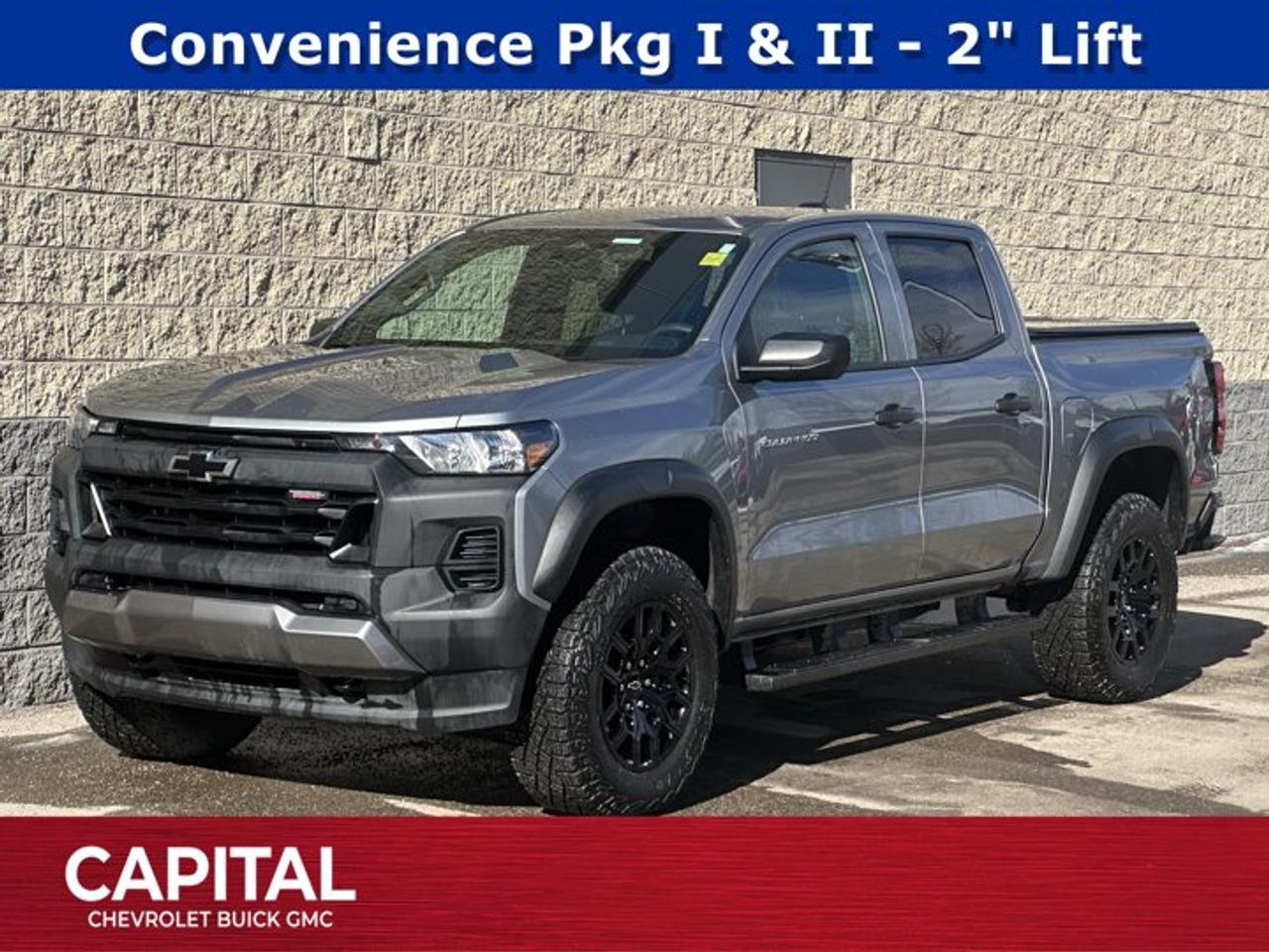 Check out this 2024 Chevrolet Colorado 4WD Trail Boss. Its Automatic transmission and Turbocharged Gas I4 2.7L/ engine will keep you going. This Chevrolet Colorado features the following options: ENGINE, 2.7L TURBOMAX (310 hp [231 kW] @ 5600 rpm, 430 lb-ft of torque [583 Nm] @ 3000 rpm) (STD), Wireless phone projection, for Apple CarPlay and Android Auto, Windshield, solar absorbing, Windows, power with driver express up/down, Windows, power rear, express down, Window, power front, passenger express down, Wheels, 18 X 8.5 (45.7 cm x 21.6 cm), Black High Gloss aluminum, Wheel, spare, 17 x 8 (43.2 cm x 20.3 cm) steel, Wheel Flares, and Visors, driver and front passenger vanity mirrors. Test drive this vehicle at Capital Chevrolet Buick GMC Inc., 13103 Lake Fraser Drive SE, Calgary, AB T2J 3H5.