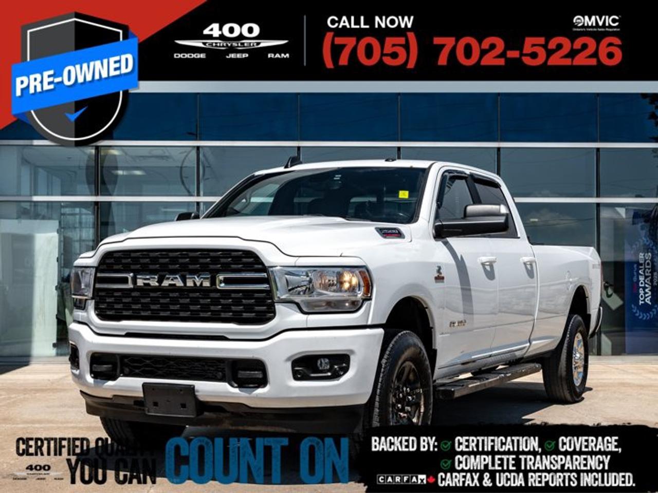 This 2022 RAM 2500 Big Horn Crew Cab 4x4 is built to handle the toughest jobs while keeping you comfortable every mile of the way. Powered by the legendary 6.7L Cummins turbocharged diesel engine paired with a 6-speed automatic transmission, this heavy-duty truck delivers incredible torque and towing capability, enhanced even further with the 5th Wheel & Gooseneck Towing Prep Group. Finished in Bright White with a premium black cloth interior, its equipped with the Level 2 Equipment Group, heated front seats, heated steering wheel, 8.4-inch touchscreen with Apple CarPlay and Android Auto, Alpine 9-speaker audio system with subwoofer, remote start, rear power sliding window, and power-adjustable pedals. With the Sport Appearance Package, 18-inch polished aluminum wheels, rear wheelhouse liners, and a spray-in bedliner, this truck looks as sharp as it works hard. Whether youre hauling, towing, or just commanding the road, this RAM 2500 Big Horn is ready to exceed expectations.