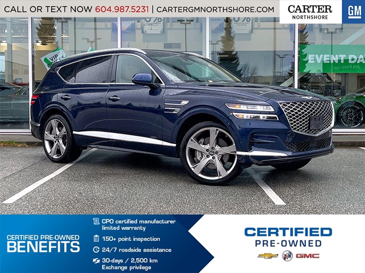 PRE-OWNED CERTIFIED | NO ACCIDENTS | ONE OWNER
Step into refined luxury with this sophisticated Pre-Owned 2023 Genesis GV80, a stunning SUV that perfectly blends power, elegance, and advanced innovation. Under the hood, a 3.5L twin-turbo V6 delivers an exhilarating 375 hp, paired with all-wheel drive, an electronically controlled suspension, and a limited-slip differential for a smooth, confident ride. Inside, indulge in quilted Nappa leather seats, a microfiber suede headliner, heated and ventilated second-row seating, and serene comfort enhanced by active noise cancellation. Stay effortlessly connected and informed with a 12.3-inch 3D digital cluster, a 14.5-inch infotainment display, head-up display, and a crystal-clear 21-speaker Lexicon premium audio system. Packed with intelligent features like Remote Smart Parking Assist, Blind-Spot View Monitor, Highway Driving Assist II, and premium touches like power door closers and rear window shades, this GV80 elevates every journey. Test Drive Today!

WHY CARTER GM NORTHSHORE?

- An unrivalled vehicle purchasing experience!
- Exceeding our loyal customers expectations since 1990
- 4.7 Google star rating (with 1,700+ customer reviews)
- CarGurus Top-Rated Dealer 2025 Award
- CarGurus Top Value Dealer 2025 Award
- Peace of mind - 150-point vehicle inspection
- CARFAX - full vehicle service history - purchase with confidence!
- Vehicle trades welcome! Best price guaranteed!
- We provide upfront pricing, zero hidden fees, and 100% transparency
- Fast approvals and 99% acceptance rates (no matter your current credit status!)
- Multilingual staff (many languages spoken)
- Comfortable non-pressured environment with in-store television, WIFI and a childrens play area!





Were here to help you drive the vehicle you want, the vehicle you deserve!
QUESTIONS? GREAT! WEVE GOT ANSWERS!
To speak with a friendly vehicle specialist - CALL NOW!
The advertised price includes all standard dealer fees and any applicable manufacturer or dealer incentives. It does not include applicable taxes, licensing, insurance, or optional products or services. Dealer fees will be clearly broken out and itemized on the bill of sale, maximum total of fees $598.00. Prices are shown in Canadian dollars. While we make every effort to ensure accuracy, vehicle details, pricing, options, and availability are subject to change without notice. Please confirm all information with dealership sales management before purchase. Dealer Code: 81121
