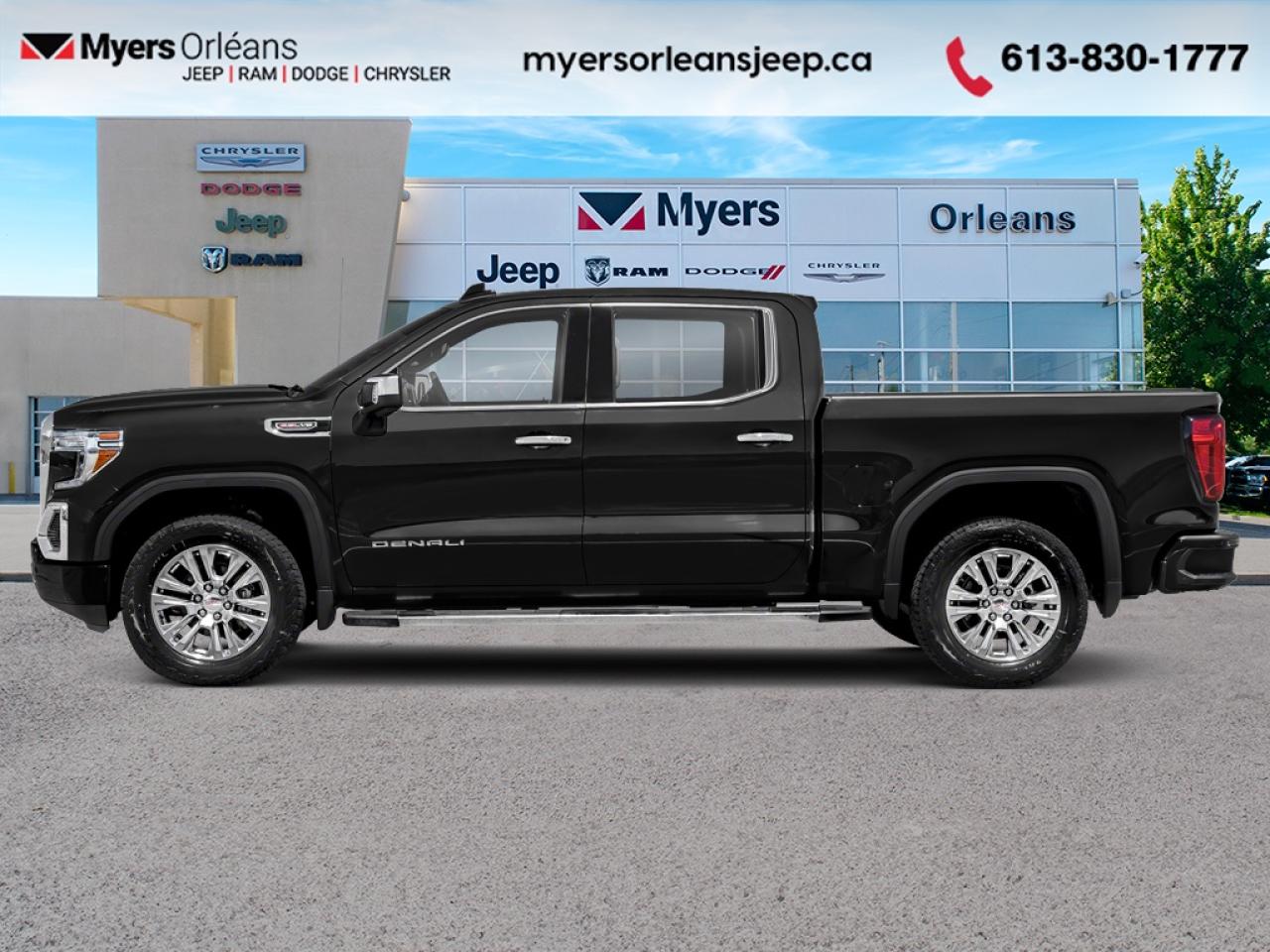 <b>Navigation,  Wireless Charging,  Leather Seats,  Cooled Seats,  Heated Seats!</b><br> <br> With elegant style and refinement that beautifully match its brute capability, this Professional Grade 2019 GMC Sierra 1500 is ready to rule any road you take it on. This 2019 GMC Sierra 1500 is fresh on our lot in Orleans. <br> <br>This GMC Sierra 1500 stands out against all other pickup trucks, with sharper, more powerful proportions that creates a commanding stance on and off the road. Next level comfort and technology is paired with its outstanding performance and capability. Inside, the Sierra 1500 supports you through rough terrain with expertly designed seats and a pro grade suspension. Youll find an athletic and purposeful interior, designed for your active lifestyle. Get ready to live like a pro in this amazing 2019 GMC Sierra 1500! This 4X4 pickup has 153,422 km. Its Onyx Black in colour. It has an Automatic transmission and is powered by a smooth engine. It may have some remaining factory warranty, please check with dealer for details. <br> <br> Our Sierra 1500s trim level is Denali. Stepping up to this Sierra 1500 Denali is a great choice as it comes fully loaded with leather heated and cooled seats, exclusive aluminum wheels, chrome running boards, a remote engine start, LED cargo box lighting with a spray in bed liner, an 8 inch touchscreen display paired with navigation, Apple CarPlay and Android Auto, a Bose premium sound system and it is 4G LTE capable. Additional features include a heated leather wrapped steering wheel, power-adjustable heated side mirrors, front and rear park assist, a MultiPro tailgate, HD rear vision camera, lane change alert with blind spot detection, signature LED lighting, 10-way power seats, a CornerStep rear bumper and a GMC ProGrade trailering system for added convenience. This vehicle has been upgraded with the following features: Navigation, Wireless Charging, Leather Seats, Cooled Seats, Heated Seats, Premium Audio, Remote Start.<br> <br>To apply right now for financing use this link: <a href=https://www.myersorleansjeep.ca/apply-for-financing/ target=_blank>https://www.myersorleansjeep.ca/apply-for-financing/</a><br><br> <br/><br>The road to new driving experiences begins in our inventory, where youll find an incredible array of brand-new cars, trucks, minivans, and SUVs, including two of our bestselling models, the Dodge Ram 1500 and the Dodge Grand Caravan. If you want to know what the cutting edge of automotive technology looks like, all you have to do is visit Myers Orleans Jeep! Each model comes loaded with the convenient features and cool technology that help make every trip memorable. Looking for additional everyday luxury at a price thats incredibly wallet-friendly? Choose from our selection of quality pre-owned models! If you can think of a road, our friendly and knowledgeable sales team will help you find the perfect vehicle to drive it.<br><br>We may be a well-established dealership thats been part of the community for many years, but that doesnt mean were stuck in the past! At Myers Orleans Jeep, were proud to provide a fresh, modern approach to car buying. Using our array of online tools, you can browse our extensive inventory, schedule a service appointment, order parts, and even apply for credit from wherever youve got a connection. Our goal is to create relationships that will last, and we know that the best way to do this is by providing a dealership experience thats based on honesty, transparency, trust, and a commitment to customers. Stop by today and discover all the ways we go above and beyond for you.<br><br> Come by and check out our fleet of 40+ used cars and trucks and 70+ new cars and trucks for sale in Orleans.  o~o