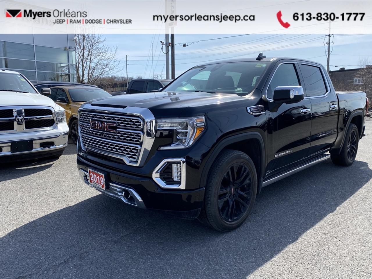 <b>Navigation,  Wireless Charging,  Leather Seats,  Cooled Seats,  Heated Seats!</b><br> <br>  Compare at $40446 -  is just $38998! <br> <br>Capable on road, relentless off road and completely composed when hauling a load, this Professional Grade 2019 GMC Sierra 1500 is easily the best work and leisure truck you could own. This 2019 GMC Sierra 1500 is for sale today in Orleans. <br> <br>This GMC Sierra 1500 stands out against all other pickup trucks, with sharper, more powerful proportions that creates a commanding stance on and off the road. Next level comfort and technology is paired with its outstanding performance and capability. Inside, the Sierra 1500 supports you through rough terrain with expertly designed seats and a pro grade suspension. Youll find an athletic and purposeful interior, designed for your active lifestyle. Get ready to live like a pro in this amazing 2019 GMC Sierra 1500! This Crew Cab 4X4 pickup has 153,422 km. Its Onyx Black in colour. It has an Automatic transmission and is powered by a 420HP 6.2L 8 Cylinder Engine. It may have some remaining factory warranty, please check with dealer for details. <br> <br> Our Sierra 1500s trim level is Denali. Stepping up to this Sierra 1500 Denali is a great choice as it comes fully loaded with leather heated and cooled seats, exclusive aluminum wheels, chrome running boards, a remote engine start, LED cargo box lighting with a spray in bed liner, an 8 inch touchscreen display paired with navigation, Apple CarPlay and Android Auto, a Bose premium sound system and it is 4G LTE capable. Additional features include a heated leather wrapped steering wheel, power-adjustable heated side mirrors, front and rear park assist, a MultiPro tailgate, HD rear vision camera, lane change alert with blind spot detection, signature LED lighting, 10-way power seats, a CornerStep rear bumper and a GMC ProGrade trailering system for added convenience. This vehicle has been upgraded with the following features: Navigation, Wireless Charging, Leather Seats, Cooled Seats, Heated Seats, Premium Audio, Remote Start.<br> <br>To apply right now for financing use this link: <a href=https://www.myersorleansjeep.ca/apply-for-financing/ target=_blank>https://www.myersorleansjeep.ca/apply-for-financing/</a><br><br> <br/><br> Buy this vehicle now for the lowest weekly payment of <b>$166.29</b> with $0 down for 72 months @ 9.99% APR O.A.C. ( Plus applicable taxes -  Plus applicable fees   / Total Obligation of $51883  ).  See dealer for details. <br> <br>The road to new driving experiences begins in our inventory, where youll find an incredible array of brand-new cars, trucks, minivans, and SUVs, including two of our bestselling models, the Dodge Ram 1500 and the Dodge Grand Caravan. If you want to know what the cutting edge of automotive technology looks like, all you have to do is visit Myers Orleans Jeep! Each model comes loaded with the convenient features and cool technology that help make every trip memorable. Looking for additional everyday luxury at a price thats incredibly wallet-friendly? Choose from our selection of quality pre-owned models! If you can think of a road, our friendly and knowledgeable sales team will help you find the perfect vehicle to drive it.<br><br>We may be a well-established dealership thats been part of the community for many years, but that doesnt mean were stuck in the past! At Myers Orleans Jeep, were proud to provide a fresh, modern approach to car buying. Using our array of online tools, you can browse our extensive inventory, schedule a service appointment, order parts, and even apply for credit from wherever youve got a connection. Our goal is to create relationships that will last, and we know that the best way to do this is by providing a dealership experience thats based on honesty, transparency, trust, and a commitment to customers. Stop by today and discover all the ways we go above and beyond for you.<br><br> Come by and check out our fleet of 30+ used cars and trucks and 80+ new cars and trucks for sale in Orleans.  o~o