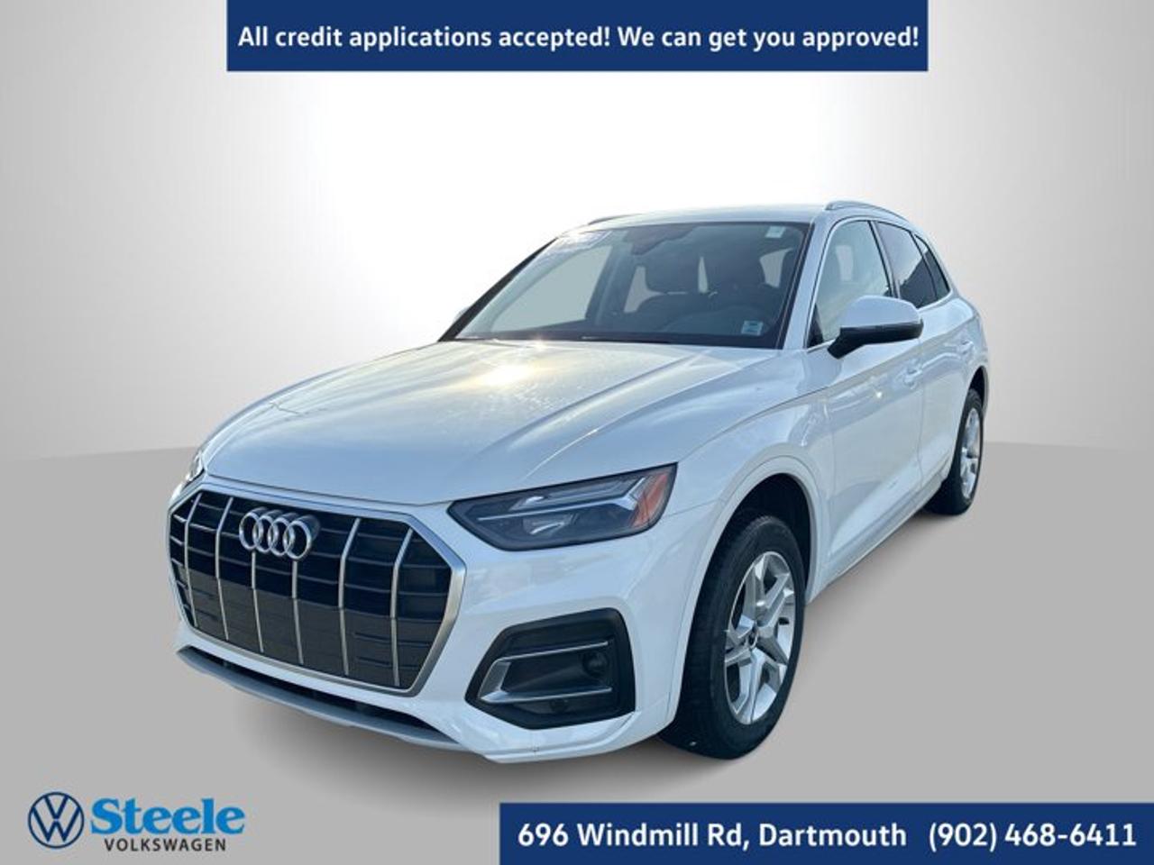 New Price!2023 Audi Q5 quattro 4D Sport Utility White quattro 7-Speed Automatic S tronic 2.0L 4-Cylinder TFSISteele Auto Certified, Black Leather, 10 Speakers, ABS brakes, Alloy wheels, AM/FM radio: SiriusXM, Compass, Electronic Stability Control, Front dual zone A/C, Heated door mirrors, Heated Front Bucket Seats, Heated front seats, Heated steering wheel, Illuminated entry, Leather Seating Surfaces, Low tire pressure warning, Power Liftgate, Radio: SiriusXM Satellite, Remote keyless entry, Traction control.This 2023 Audi Q5 will not last long!! Call Now to reserve your Test Drive appointment!! 1-902-468-6411 or chat with us online at www.steelevw.ca.Odometer is 32048 kilometers below market average!