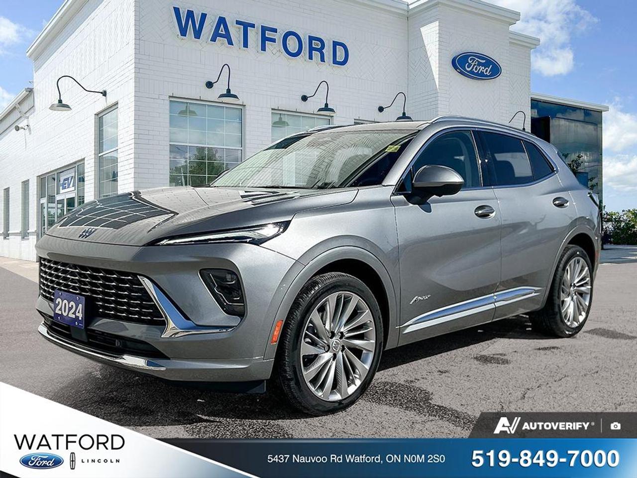 Experience refined luxury and confident performance in this **2024 Buick Envision Avenir AWD**, a **1 owner, low kilometers** premium SUV that blends sophisticated styling with advanced technology and all-weather capability.

The **Avenir** trim represents the pinnacle of Buick craftsmanship, showcasing exclusive design details, premium materials, and cutting-edge features. With exceptionally low kms and a single previous owner, this Envision offers like-new condition and outstanding value.

### Performance & Capability

Powered by a responsive 2.0L turbocharged engine paired with a smooth 9-speed automatic transmission, this **Buick Envision Avenir AWD** delivers confident acceleration and impressive efficiency. The intelligent All-Wheel Drive system enhances traction and stability in rain, snow, and changing road conditions-perfect for year-round driving.

### Luxury & Comfort

Step inside and enjoy a meticulously crafted cabin featuring:

* Premium leather-appointed seating
* Heated and ventilated front seats
* Heated rear seats
* Heated steering wheel
* Panoramic moonroof
* Dual-zone automatic climate control

The Avenir-exclusive interior trim and quiet-tuned cabin create a first-class driving experience for both driver and passengers.

### Advanced Technology

Stay connected and in control with:

* Large high-resolution infotainment display
* Wireless Apple CarPlay & Android Auto
* Built-in navigation system
* Premium Bose audio system
* Head-Up Display
* Wireless charging

### Safety & Driver Assistance

Drive with confidence thanks to advanced safety features, including:

* Forward Collision Alert
* Automatic Emergency Braking
* Lane Keep Assist with Lane Departure Warning
* Blind Spot Monitoring
* Rear Cross Traffic Alert
* Adaptive Cruise Control
* HD Surround Vision Camera

### Why Buy This 2024 Buick Envision Avenir AWD?

  1 Owner/  Low Kilometers
  Top-of-the-line Avenir Trim
  AWD Capability/  Like-New Condition/  Remaining Factory Warranty

If youre searching for a **luxury AWD SUV with low kms**, this 2024 Buick Envision Avenir delivers premium comfort, advanced technology, and standout styling in one exceptional package.

Contact us today to book your test drive - this highly sought-after Buick Envision Avenir wont last long!


REASONS TO BUY FROM WATFORD FORD* Brake pads for life.
Receive free brake pads for life of your vehicle when you do all your regular service at 
Watford Ford.
 First oil change covered.
Return to Watford Ford for your complimentary first oil change with your New or Used 
vehicle.
 1 year road hazard tire protection.
Nails, screws, glass, potholes&no worries. $250 coverage per tire for any road hazards.
 Secure-gard theft protection.
Four thousand dollars ($4,000) or fifty percent (50%) of Actual Cash Value of the Vehicle on the 
Date of Loss, whichever is less, in the event that your Vehicle is stolen and not recovered and 
deemed to be a total loss.