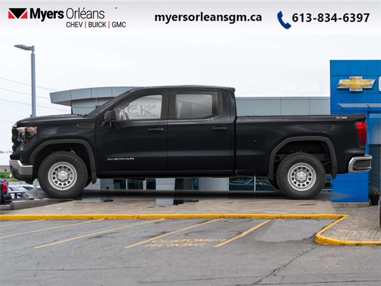 <b>Apple CarPlay, Android Auto, Cruise Control, Rear View Camera, Touch Screen, Streaming Audio, Teen Driver, Locking Tailgate</b><br> <br> This professional grade Sierra 1500 has the proven GMC power you expect from your truck, ensuring that every haul, every trailering experience, and every family trip is handled like a pro. This 2023 GMC Sierra 1500 is fresh on our lot in Orleans. <br> <br>This redesigned GMC Sierra 1500 stands out against all other pickup trucks, with sharper, more powerful proportions that creates a commanding stance on and off the road. Next level comfort and technology is paired with its outstanding performance and capability. Inside, the Sierra 1500 supports you through rough terrain with expertly designed seats and a pro grade suspension. Inside, youll find an athletic and purposeful interior, designed for your active lifestyle. Get ready to live like a pro in this amazing GMC Sierra 1500! This crew cab 4X4 pickup has 60,200 km. Its Black in colour. It has an Automatic transmission and is powered by a 355HP 5.3L 8 Cylinder Engine. <br> <br> Our Sierra 1500s trim level is Pro. This GMC Sierra 1500 Pro comes with some excellent features such as a 7 inch touchscreen display with Apple CarPlay and Android Auto, wireless streaming audio, cruise control and easy to clean rubber floors. Additionally, this pickup truck also comes with a locking tailgate, a rear vision camera, StabiliTrak, air conditioning and teen driver technology.<br> <br>To apply right now for financing use this link: <a href=https://www.myersorleansgm.ca/FinancePreQualForm target=_blank>https://www.myersorleansgm.ca/FinancePreQualForm</a><br><br> <br/><br> Buy this vehicle now for the lowest bi-weekly payment of <b>$279.70</b> with $0 down for 96 months @ 7.99% APR O.A.C. ( Plus applicable taxes -  Plus applicable fees   ).  See dealer for details. <br> <br>*MYERS LIFETIME ENGINE AND TRANSMISSION COVERAGE CERTIFICATE NOT AVAILABLE ON VEHICLES WITH KMS EXCEEDING 140,000KM, VEHICLES 8 YEARS & OLDER, OR HIGHLINE BRAND VEHICLE(eg. BMW, INFINITI. CADILLAC, LEXUS...)<br> Come by and check out our fleet of 40+ used cars and trucks and 240+ new cars and trucks for sale in Orleans.  o~o