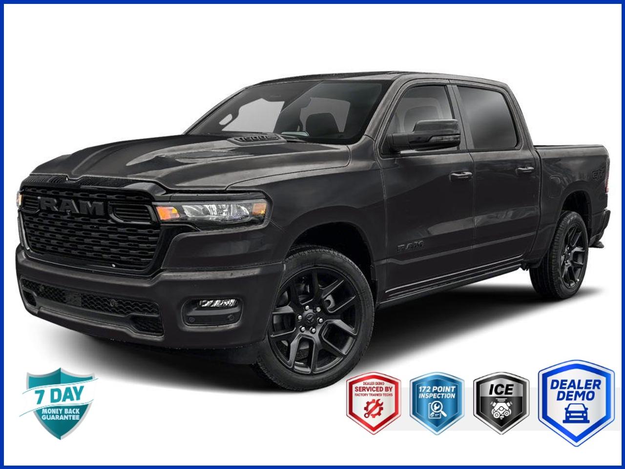 <b>OEM OPTIONS: </b>ENG 3.0L I6 HURRICANE SO TWIN TURBO ESS ,  8-SPEED A/T ,  DIAMOND BLK CRYSTAL PEARL ,  BLK LEATHER-FACED FRONT BKT STS ,  SPORT LEVEL 1 ,  TRAILER TOW GROUP ,  MOPAR FRONT & REAR ALL-WEATHER FLOOR MATS ,  DUAL-PANE PANORAMIC SUNROOF ,  SPORT PERFORMANCE HOOD<br><br><b>PEACE OF MIND:</b> Factory Comprehensive & Powertrain Warranty!<br>- Balance of factory coverage.<br>- <b>OEM EXPERTISE:</b> As a Franchise Dealer, we have exclusive access to this vehicles full factory warranty & repair history.<br><b>DEMO ADVANTAGE:</b> Like-New Condition!<br>- Verify eligibility for <b>New Vehicle Rates & Incentives</b>.<br><br><br><b>PERFORMANCE & CAPABILITY: </b>Our former dealership demo is now available! Explore this <b>2026 RAM 1500 Sport</b> finished in Diamond Black Crystal Pearl with a Black, Leather-Faced Front Bucket Seats interior, creating a sleek, powerful, and unified monochrome look. As a powerful Pickup Truck, this Crew Cab configuration offers maximum interior room, ideal for passengers and cargo. Full configuration: Sport 4x4 Crew Cab 5 feet7 inches Box. Powered by a responsive <b>3.0L 6cyl</b> engine paired with a smooth <b>8 Speed Automatic</b> and a confident <b>4x4</b> system.<br><br><b>MARKET VALUE: </b><br> - <b>Low Mileage Find:</b> A recent model year with exceptionally low mileage.<br> - <b>Minimal Mileage:</b> Only <b>4701</b> kmbarely driven!<br><br><b>PROFILE & PEDIGREE: </b><br> - <b>Premium Equipment:</b> Over <b>$13,370</b> in original factory options. Equipped with a true <b>4x4 system</b>, this vehicle is ready for serious adventure, offering superior off-road capability.<br>Powered by a smooth and responsive <b>3.0L 6cyl</b>, delivering ample power for merging and passing. Equipped with an <b>8-Speed Automatic</b> transmission, this vehicle offers a perfect balance of smooth performance and decisive power delivery.<br><br><b>EQUIPMENT: </b><br><b>Safety & Driver Assistance:</b> TRACTION CONTROL, ADAPTIVE CRUISE CONTROL, ABS BRAKES, BRAKE ASSIST, DUAL FRONT IMPACT AIRBAGS, DUAL FRONT SIDE IMPACT AIRBAGS<br><b>Comfort & Convenience:</b> ADJUSTABLE PEDALS, ADAPTIVE CRUISE CONTROL, POWER WINDOWS, POWER STEERING, 1-TOUCH DOWN, 1-TOUCH UP<br><b>Technology & Entertainment:</b> NAVIGATION SYSTEM, TACHOMETER, COMPASS, OUTSIDE TEMPERATURE DISPLAY<br><b>Performance & Capability:</b> TRAILER HITCH, FRONT ANTI-ROLL BAR, FRONT WHEEL INDEPENDENT SUSPENSION, REAR ANTI-ROLL BAR, ENG 3.0L I6 HURRICANE SO TWIN TURBO ESS, TRAILER TOW GROUP<br><b>Exterior & Styling:</b> DELAY-OFF HEADLIGHTS, FRONT FOG LIGHTS, FULLY AUTOMATIC HEADLIGHTS, PERIMETER/APPROACH LIGHTS, TURN SIGNAL INDICATOR MIRRORS, AUTO HIGH-BEAM HEADLIGHTS<br><br><b>Start your week off right!</b> Schedule a test drive of this impressive RAM 1500 today.<br><br><p> </p>

<h4>DEALER DEMO</h4>

<p><em>Note: This is a used demo vehicle. The price may include added aftermarket accessories. Please contact dealer for details and current mileage.</em></p>

<h4>BUY WITH COMPLETE CONFIDENCE</h4>