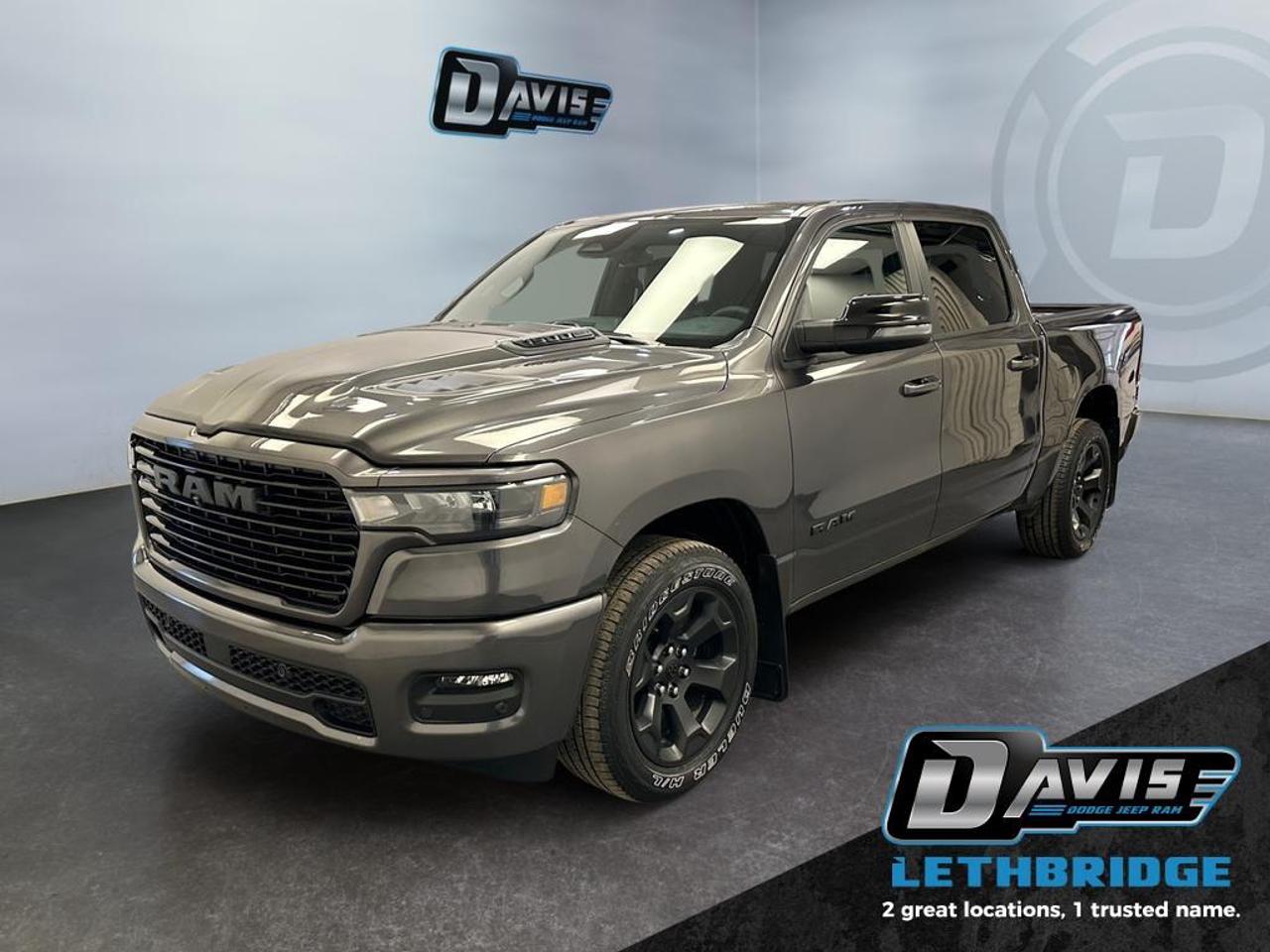 <b>Navigation, Apple CarPlay, Android Auto, 360 Camera, Heated Seats!<br /> <br /></b><br /> The 2025 Ram 1500 Sport delivers a perfect balance of power, style, and advanced technology. Equipped with a 3.0L I6 Hurricane twin-turbo engine and 8-speed automatic transmission, this 4x4 pickup offers impressive towing and payload capabilities. Its aggressive Sport styling includes black exterior accents, sport performance hood, LED headlamps, dual exhaust with black tips, and 20-inch aluminum wheels, making a bold statement on the road. Features like adaptive cruise control, electronic stability control, trailer sway damping, and full-size spare tire ensure safety and confidence on every drive.<br /><br />Inside, the Ram 1500 Sport is built for comfort and connectivity. It comes with premium cloth/vinyl bucket seats, heated front seats, 12-inch Uconnect 5 touchscreen, Apple CarPlay, Android Auto, and multiple USB ports. Dual-zone climate control, rear underseat storage, and a full-length floor console enhance passenger convenience and everyday usability.<br /><br />Advanced safety and driver-assist features include blind-spot monitoring, surround-view camera system, active lane management, evasive steering assist, and intersection collision assist. Optional upgrades such as remote start, power-adjustable pedals, and trailer brake controller make the 2025 Ram 1500 Sport a capable, stylish, and tech-forward full-size truck ready for work or weekend adventures.<br /> <br />To apply right now for financing use this link: <a href=https://lethbridge.davisdodge.ca/free-credit-check/ target=_blank rel=nofollow noopener noreferrer>https://lethbridge.davisdodge.ca/free-credit-check/</a><br /><br /> <br /><br />Locally Owned & Trusted for Over 35 Years  Davis Dodge in Lethbridge, AB <br /><br /> At Davis Dodge, weve proudly served the Lethbridge community for more than 35 years, offering an unparalleled car buying experience. Dont just take our word for itour Google reviews speak volumes about our commitment to exceptional service. <br /><br /> Delivery & At-Home Test Drives: Convenient options to suit your lifestyle. <br /><br /> Flexible Financing for Everyone: Get the vehicle you need with financing solutions tailored to your situation. <br /><br /> Full Mechanical Inspections & Professional Cleaning: Every vehicle is thoroughly inspected and cleaned before it hits our lot.<br /><br /> We take all makes and models on trade and offer competitive pricing with inventory that changes daily. Whether you're shopping for a Chrysler, Dodge, Jeep, RAM, or FIAT, our AMVIC Licensed dealership makes it easy to browse, buy, and drive away.<br /><br /> Located in Lethbridge, AB, we proudly serve customers in Fort Macleod, Taber, Claresholm, and Coaldale. Shop online or visit us today to experience the best in sales, service, and selection. Standard bank rates apply; taxes are additional.<br /><br /> Vehicle pricing offer shown expires 2026-04-30. <br /> Come by and check out our fleet of 80+ used cars and trucks and 110+ new cars and trucks for sale in Lethbridge. o~o