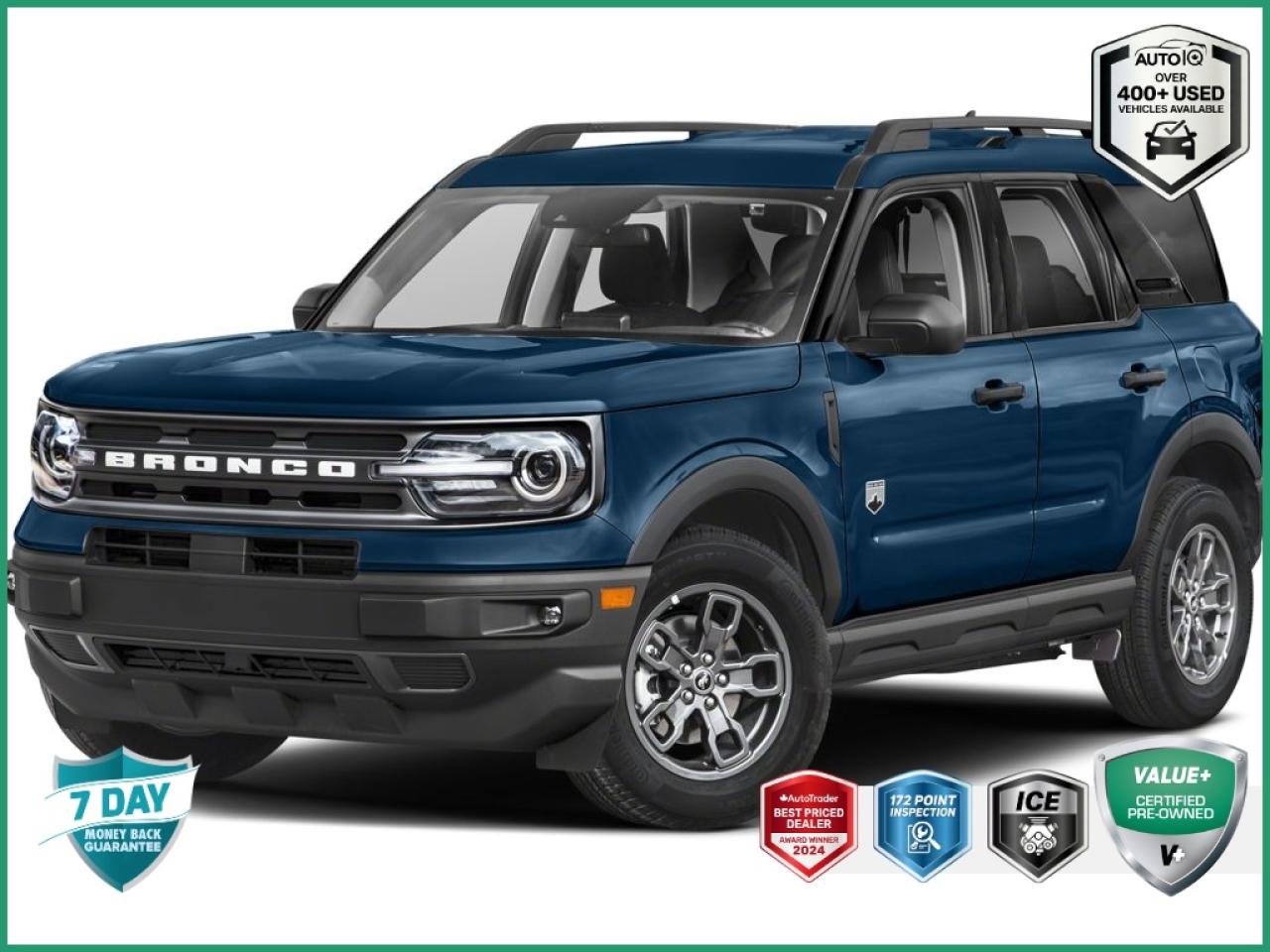 Recent Arrival!<br>CARFAX Canada No Reported Accidents CARFAX Canada One Owner<br><br>Alloy wheels, Equipment Group 200A, Exterior Parking Camera Rear, Heated front seats, Power driver seat.<br><br>Blue<br>2023 Ford Bronco Sport Big Bend AWD ONE OWNER CERTIFIED 4D Sport Utility<br>1.5L EcoBoost 8-Speed Automatic<br>4WD<p> </p>

<h4>VALUE+ CERTIFIED PRE-OWNED VEHICLE</h4>

<p>
- 36-point Provincial Safety Inspection<br>
- 172-point inspection combined mechanical, aesthetic, functional inspection including a vehicle report card<br>
- Warranty: 30 Days or 1500 KMS on mechanical safety-related items and extended plans are available<br>
- Complimentary CARFAX Vehicle History Report<br>
- 2X Provincial safety standard for tire tread depth<br>
- 2X Provincial safety standard for brake pad thickness<br>
- 7 Day Money Back Guarantee*<br>
- Market Value Report provided<br>
- Complimentary 3 months SIRIUS XM satellite radio subscription on equipped vehicles<br>
- Complimentary wash and vacuum<br>
- Vehicle scanned for open recall notifications from manufacturer
</p>

<p>SPECIAL NOTE: This vehicle is reserved for AutoIQs retail customers only. Please, No dealer calls. Errors & omissions excepted.</p>

<p>*As-traded, specialty or high-performance vehicles are excluded from the 7-Day Money Back Guarantee Program (including, but not limited to Ford Shelby, Ford mustang GT, Ford Raptor, Chevrolet Corvette, Camaro 2SS, Camaro ZL1, V-Series Cadillac, Dodge/Jeep SRT, Hyundai N Line, all electric models)</p>